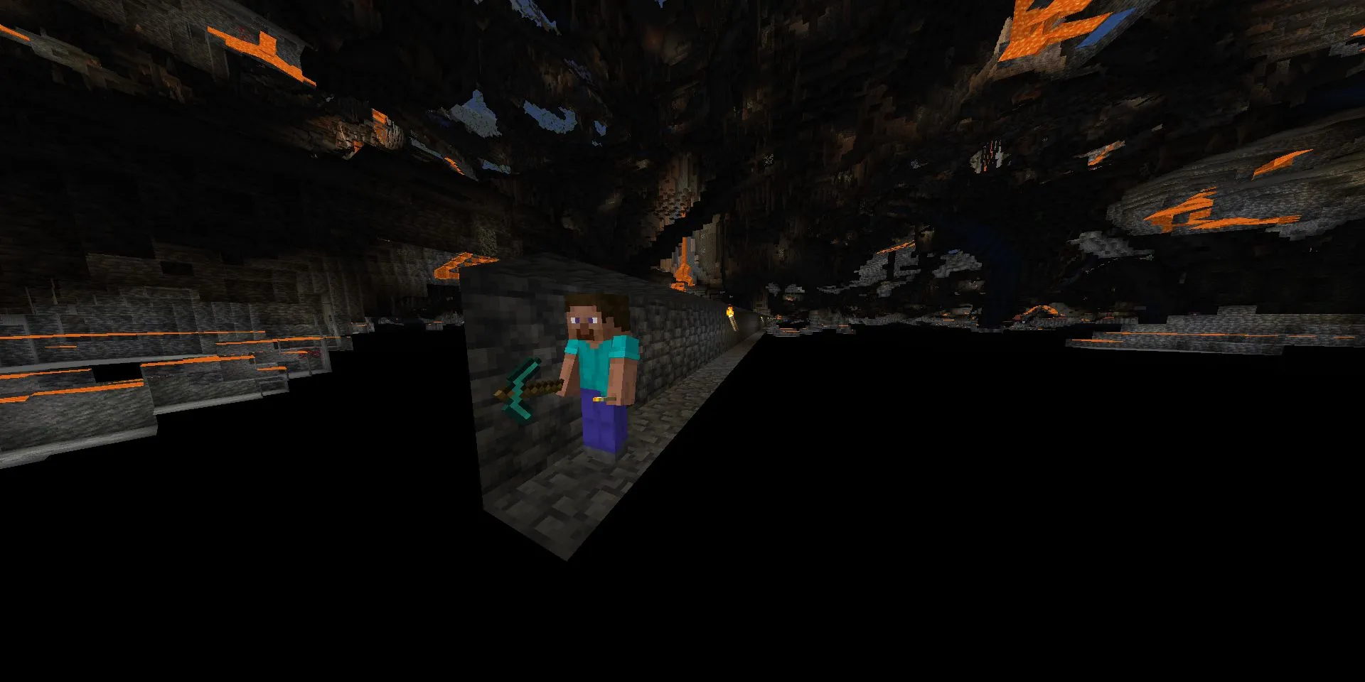 Steve đang đào mỏ Deepslate ở tầng sâu trong Minecraft 1.18