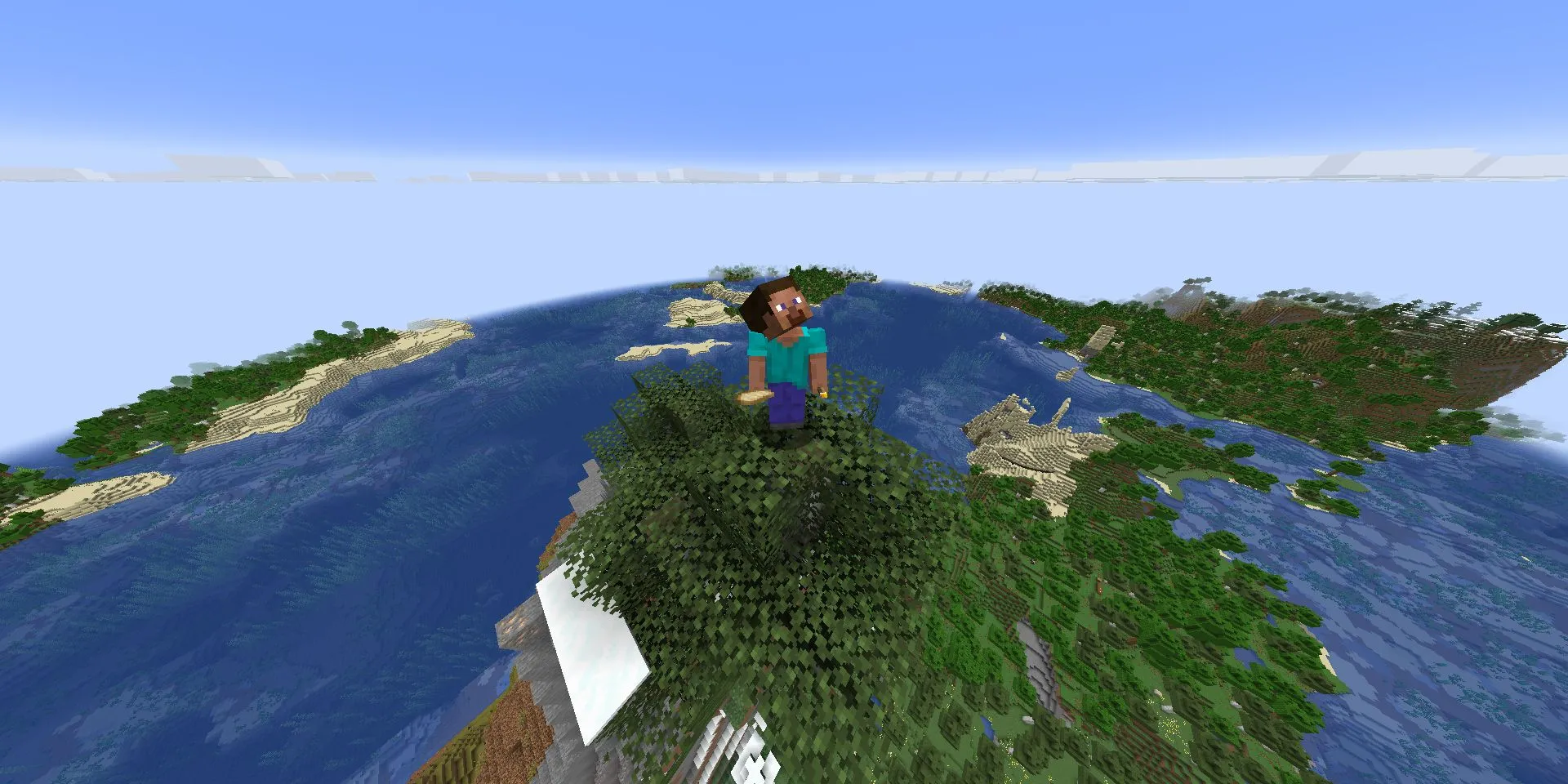 Steve đứng trên cây ở đỉnh núi khổng lồ trong thế giới Minecraft mới