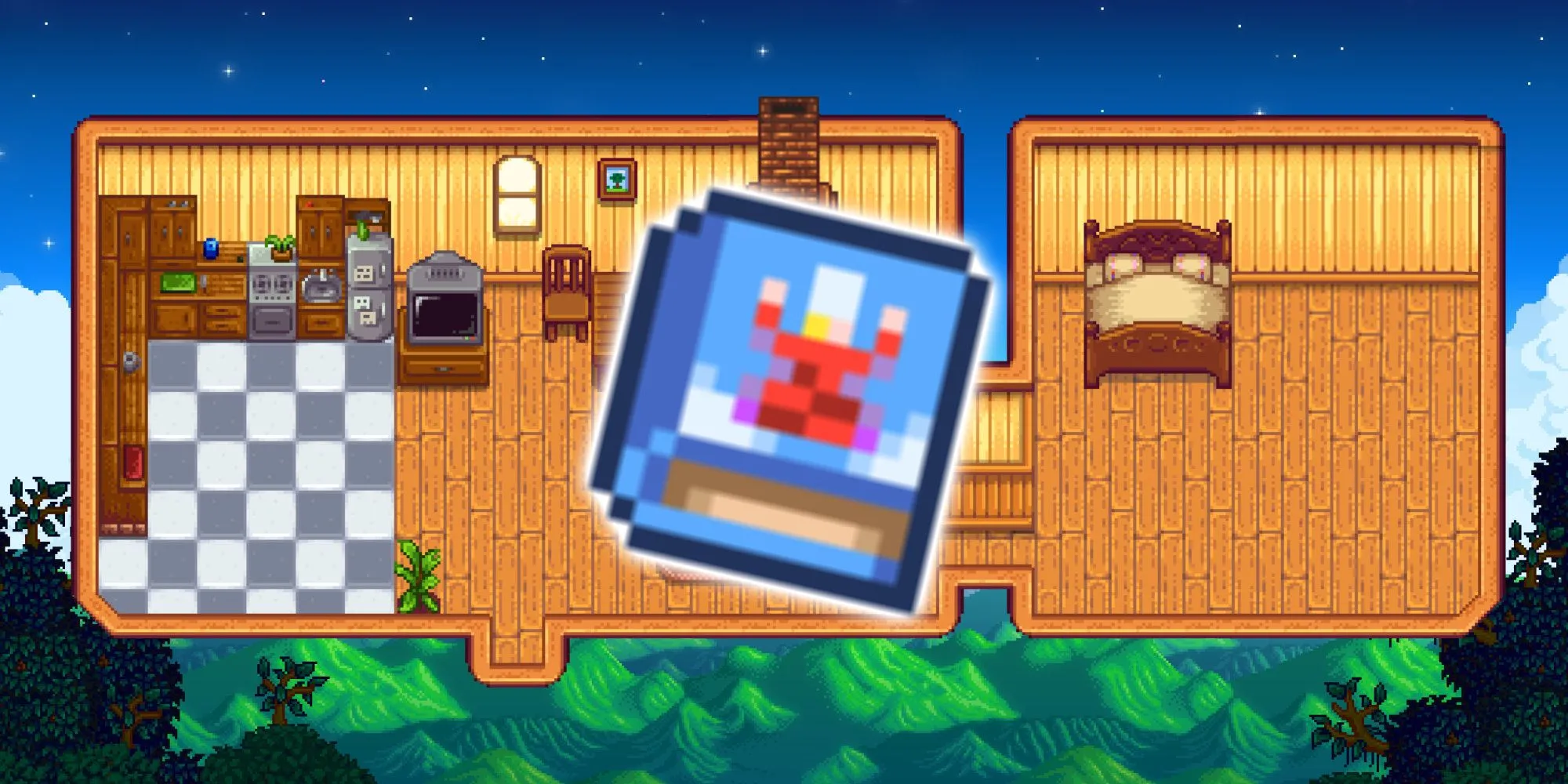 Sử dụng Sách Nấu Ăn Queen of Sauce trong bếp trang trại để học tất cả công thức trong Stardew Valley