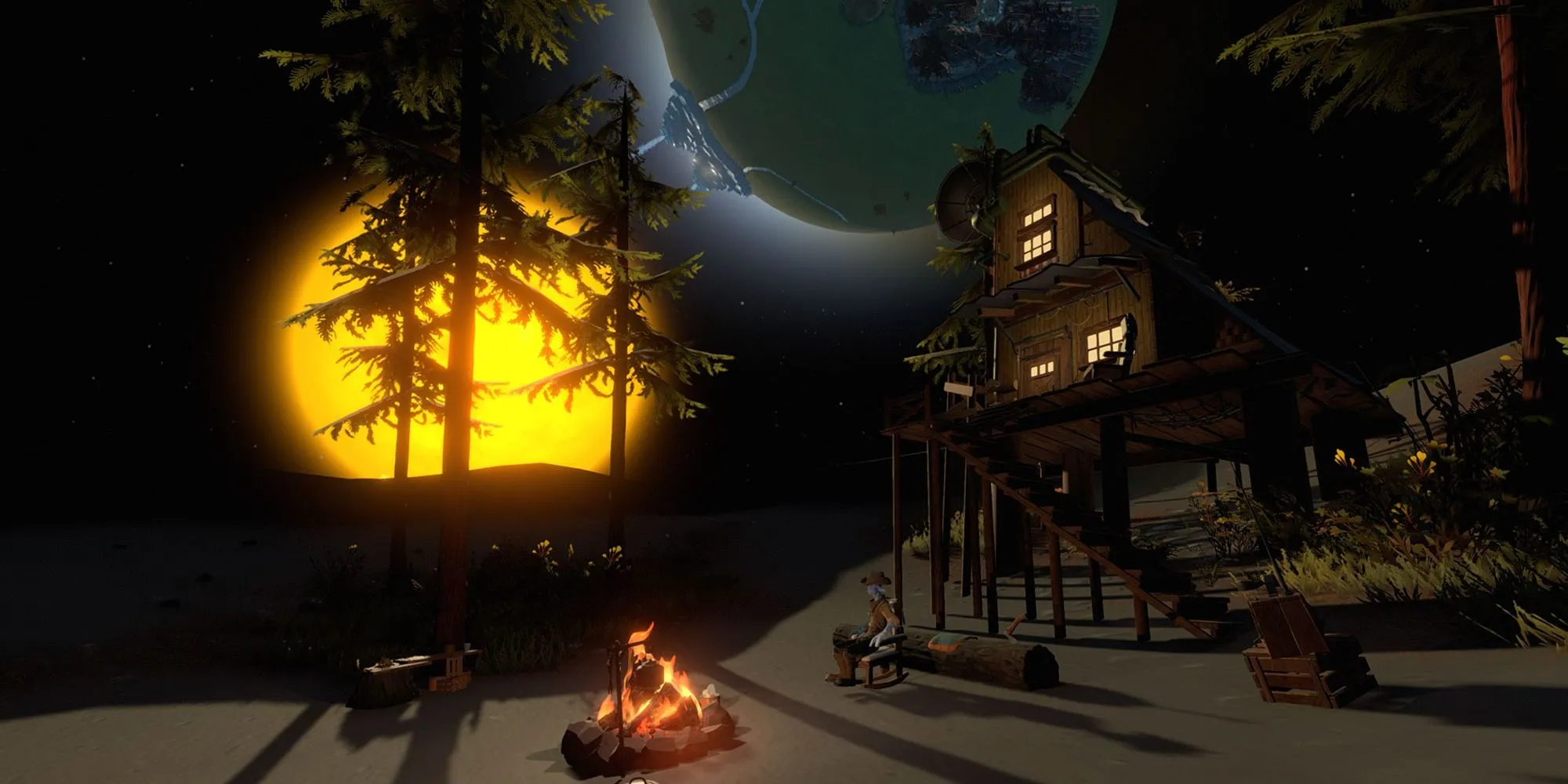 Tàu không gian bay qua hành tinh Giant's Deep trong Outer Wilds với hiệu ứng ánh sáng và bầu trời sao