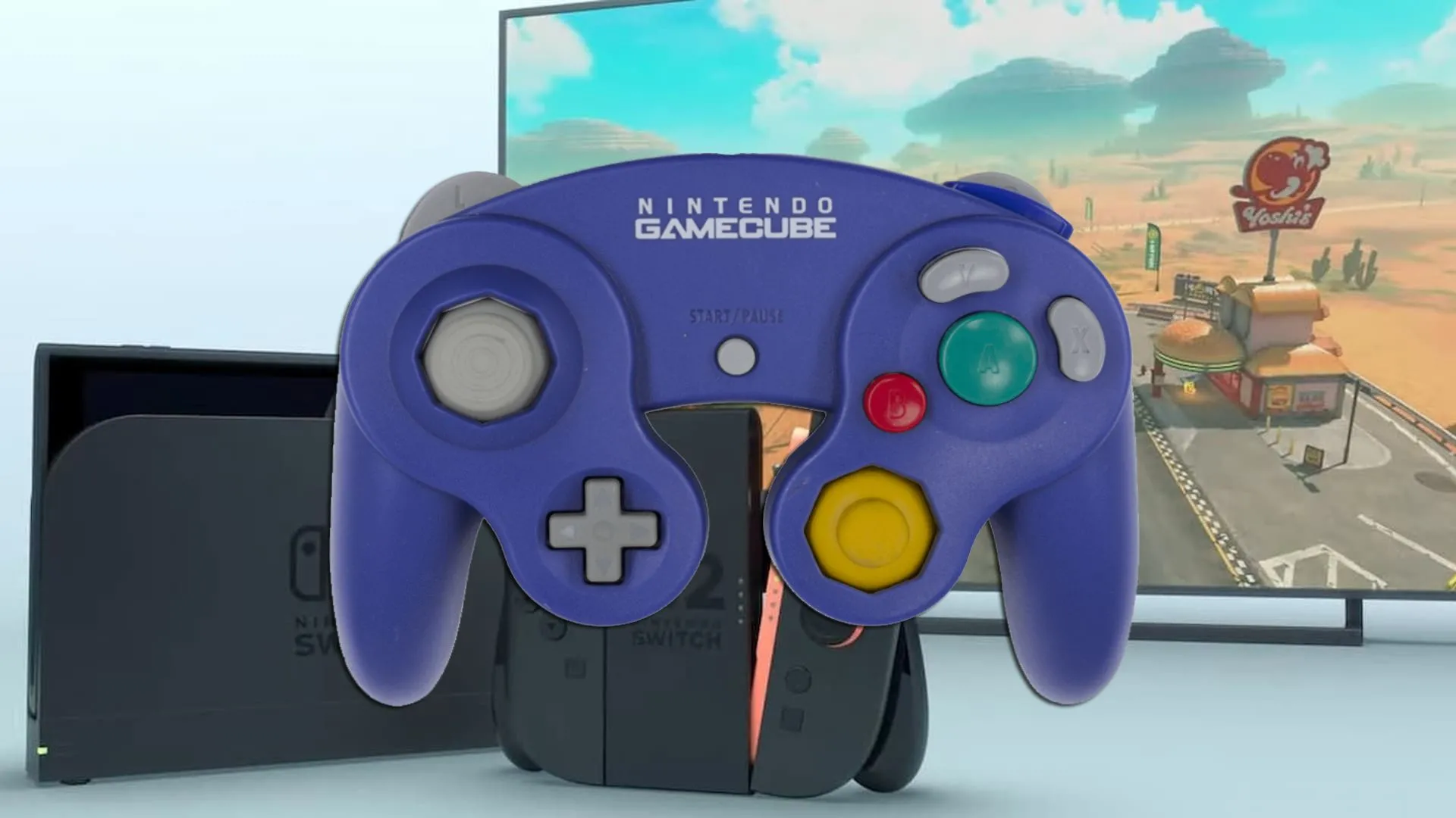 Tay cầm GameCube màu tím kết nối với máy Nintendo Switch 2 đang hiển thị menu