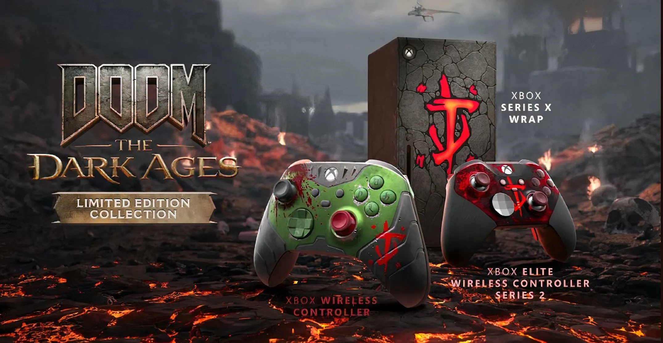 Tay cầm Xbox Elite và skin console Xbox Series X chủ đề DOOM: The Dark Ages