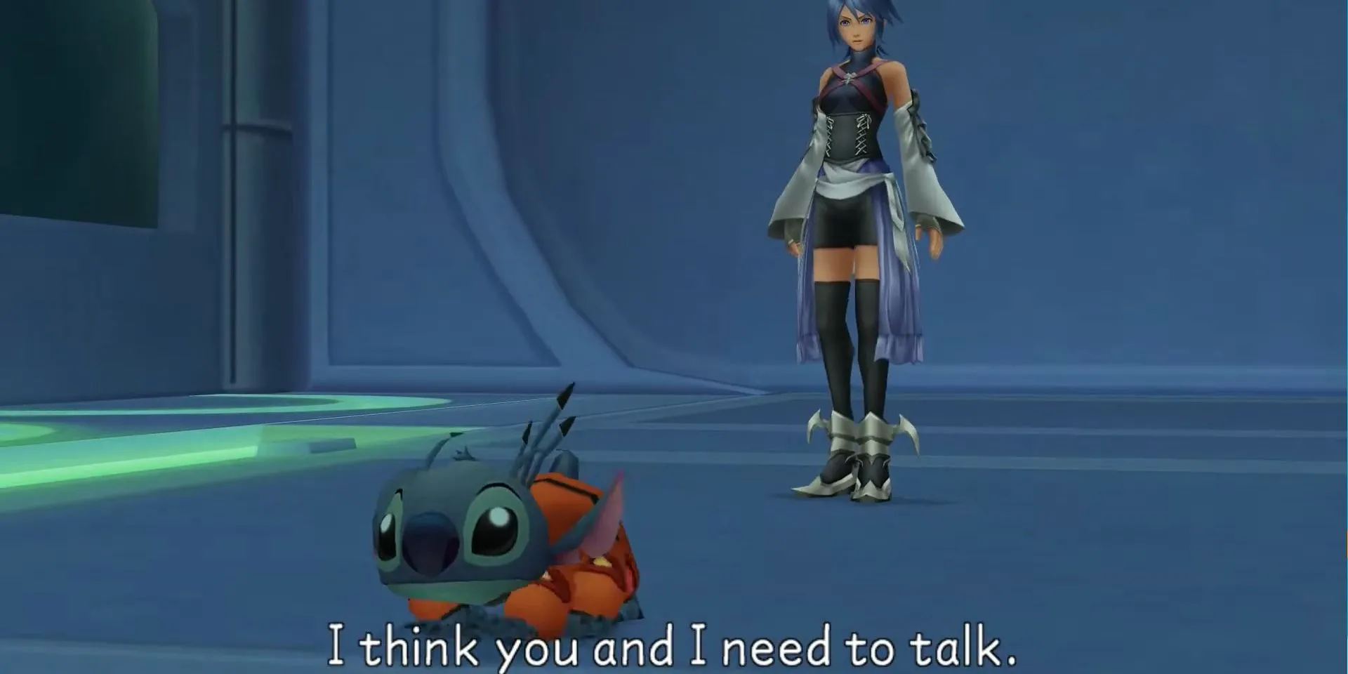 Terra và Stitch trong một phân cảnh tại thế giới Deep Space của Kingdom Hearts Birth By Sleep.