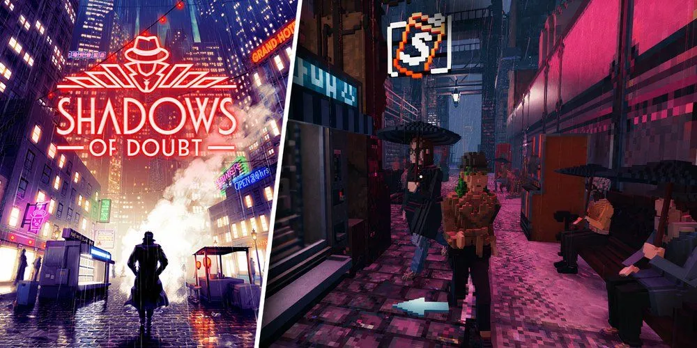 Thám tử điều tra hiện trường án mạng trong game Shadows of Doubt với đồ họa pixel-art cyberpunk