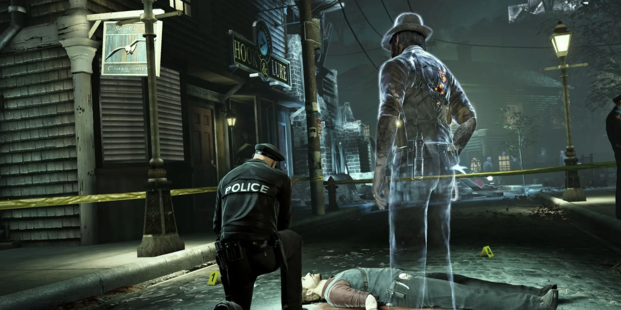 Thám tử Ronan O'Connor dưới dạng hồn ma đang quan sát hiện trường vụ án mạng của chính mình trong Murdered Soul Suspect