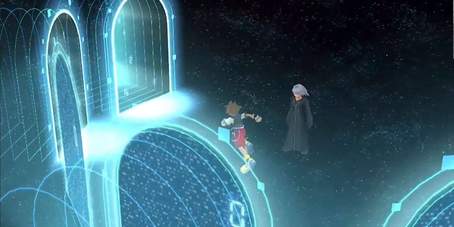 Thế giới Datascape trong Kingdom Hearts Re:Coded với kiến trúc không gian mạng lỗi đặc trưng.