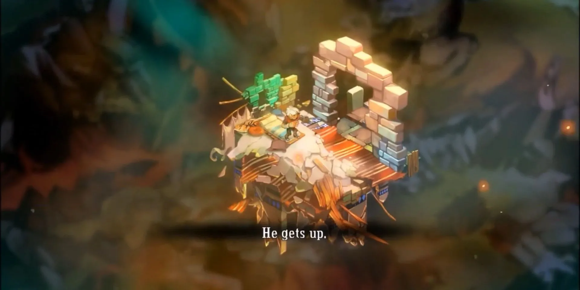 The Kid thức dậy giữa đống đổ nát của Caelondia trong game Bastion