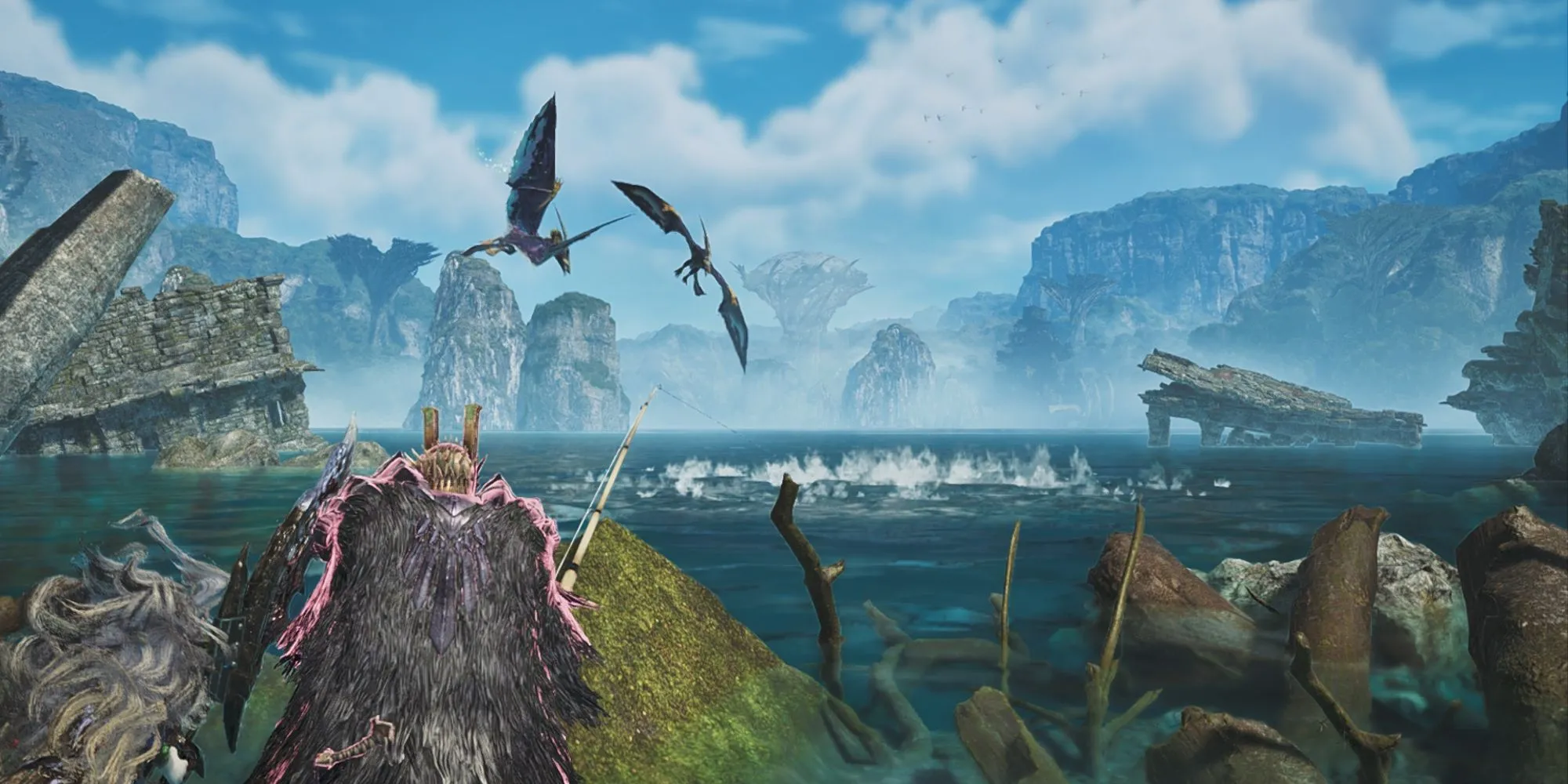 Thợ săn câu cá tại khu vực Windward Plains trong MHW Wilds