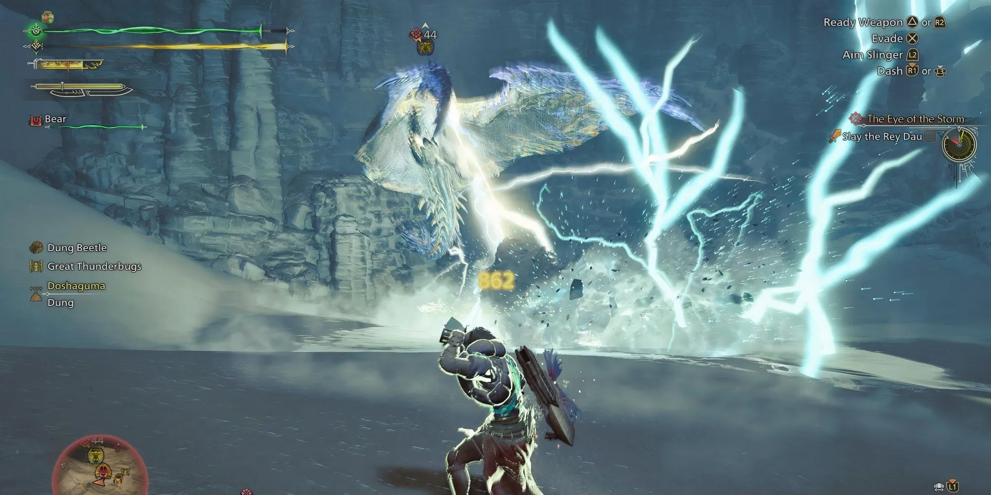Thợ săn chiến đấu với quái vật Rey Dau trong Monster Hunter Wilds