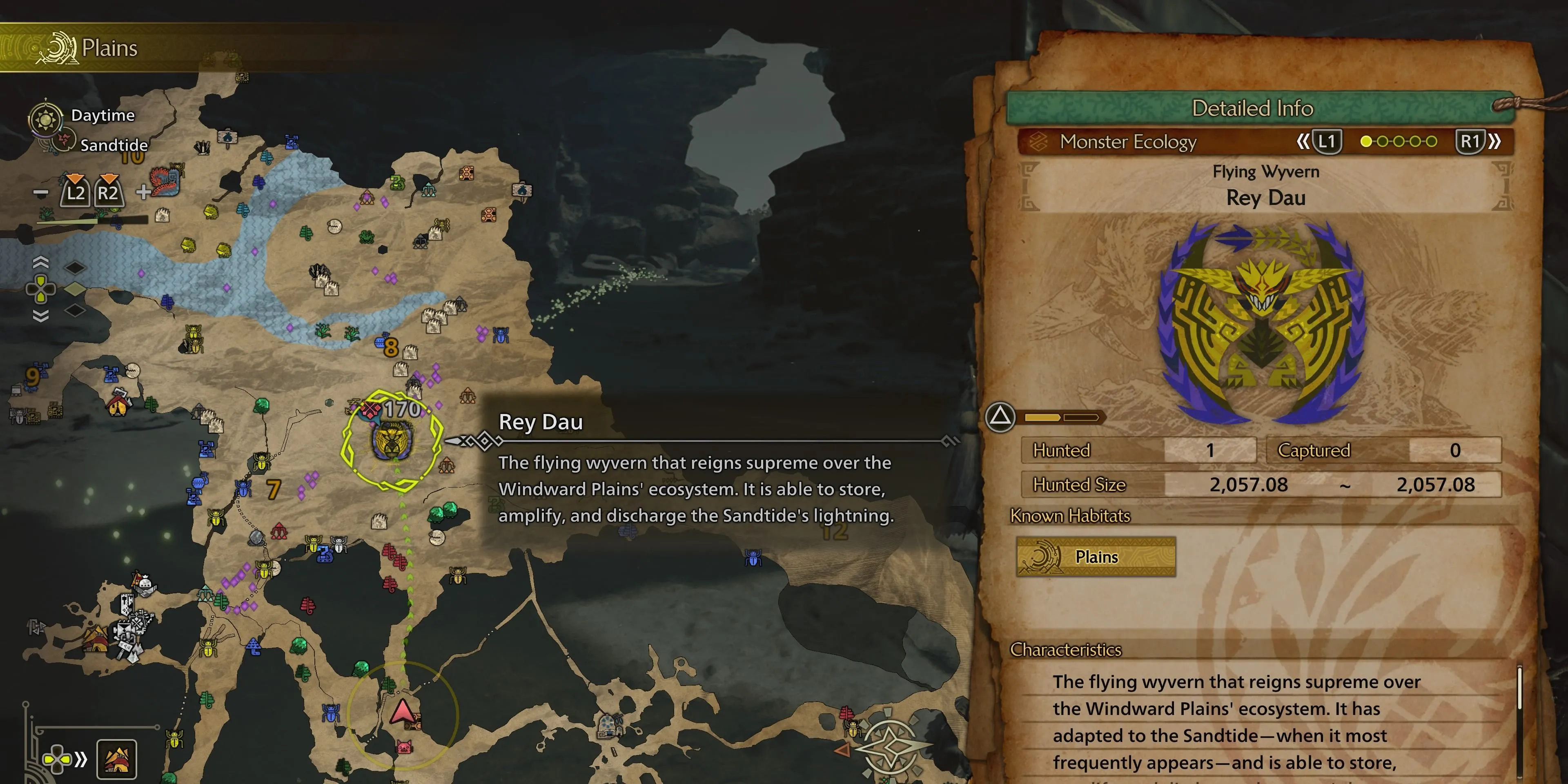 Thợ săn chuẩn bị vũ khí đối đầu Rey Dau tại Windward Plains trong Monster Hunter Wilds