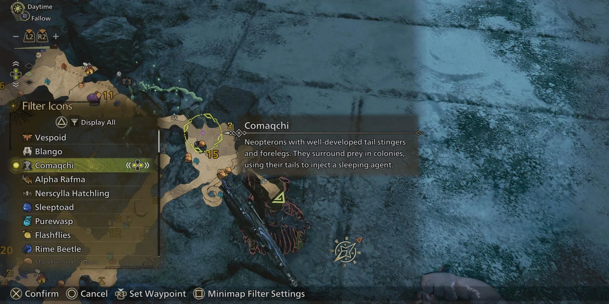 Thợ săn đang ở Vách Đá Băng Giá, chuẩn bị thu thập Comaqchi Carapace từ quái vật Comaqchi trong Monster Hunter Wilds.