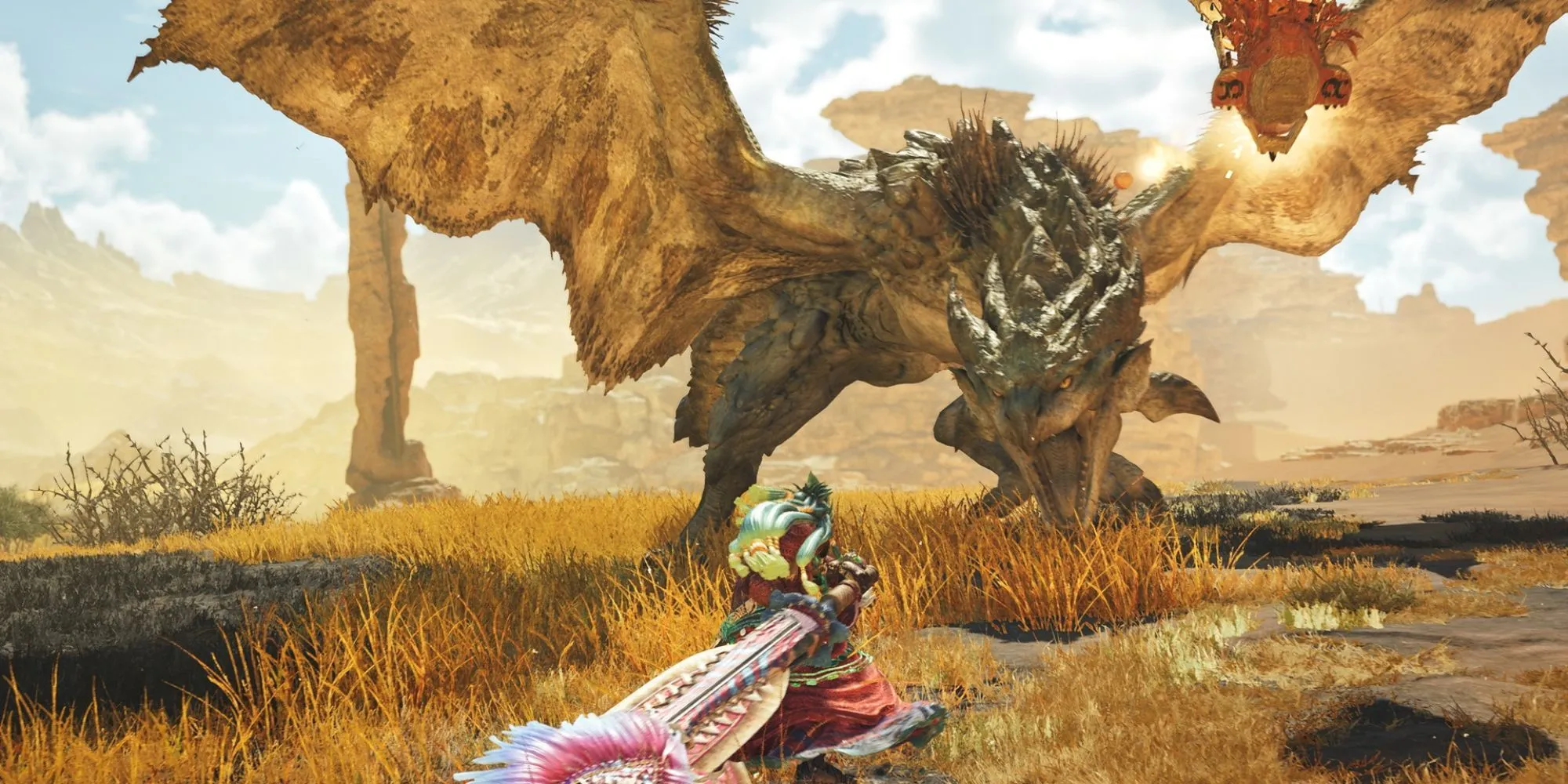 Thợ săn trong Monster Hunter Wilds chiến đấu với quái vật Rathian bằng đại kiếm