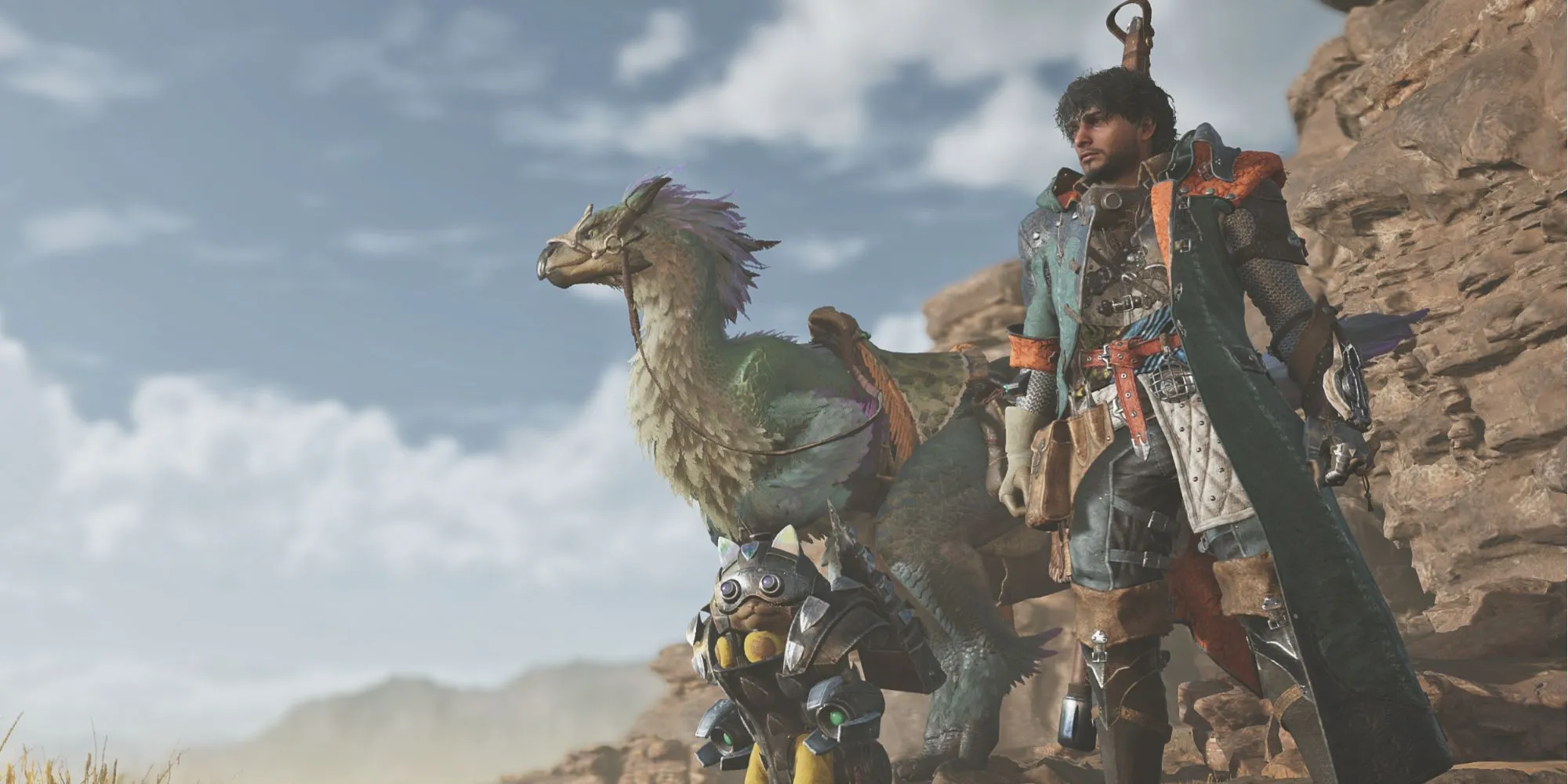 Thợ săn và Palico trong Monster Hunter Wilds, minh họa cho việc làm nhiệm vụ phụ trong game thế giới mở.