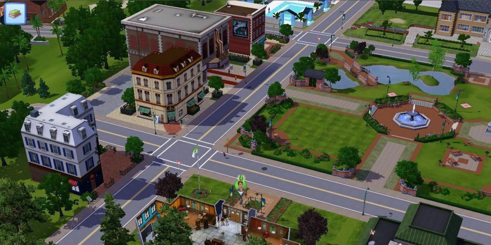 Toàn cảnh một thị trấn trong The Sims 3 với nhiều công trình kiến trúc và các Sim đang sinh hoạt