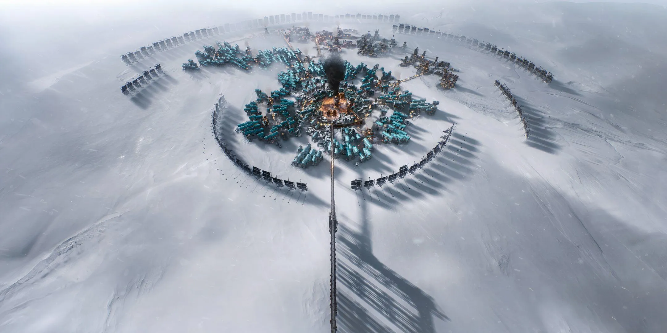 Toàn cảnh thành phố hậu tận thế đầy tuyết trong game Frostpunk 2