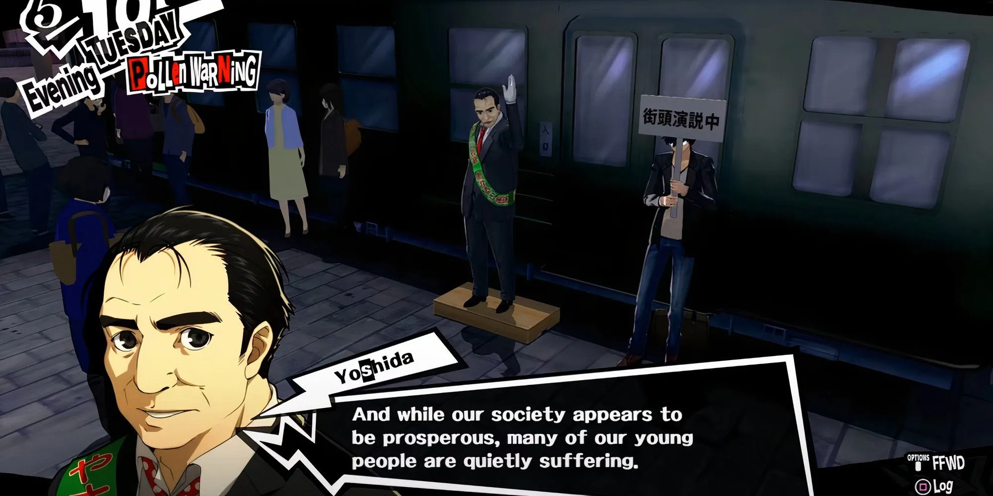 Toranosuke Yoshida đang diễn thuyết tại Shibuya trong Persona 5 Royal vào một buổi tối Chủ Nhật