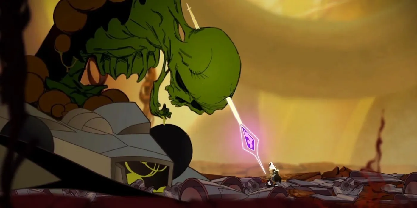 Trùm bộ xương khổng lồ trong game Metroidvania Sundered với phong cách vẽ tay Lovecraftian