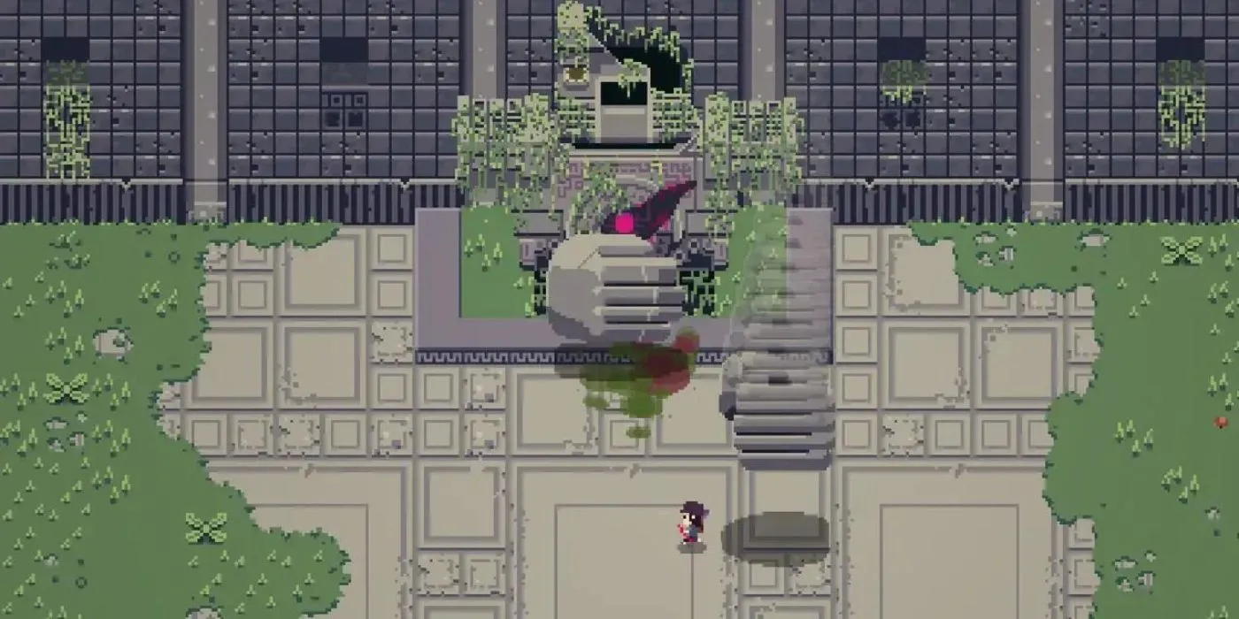 Trùm cuối khổng lồ trong game Titan Souls với đồ họa pixel art đặc trưng