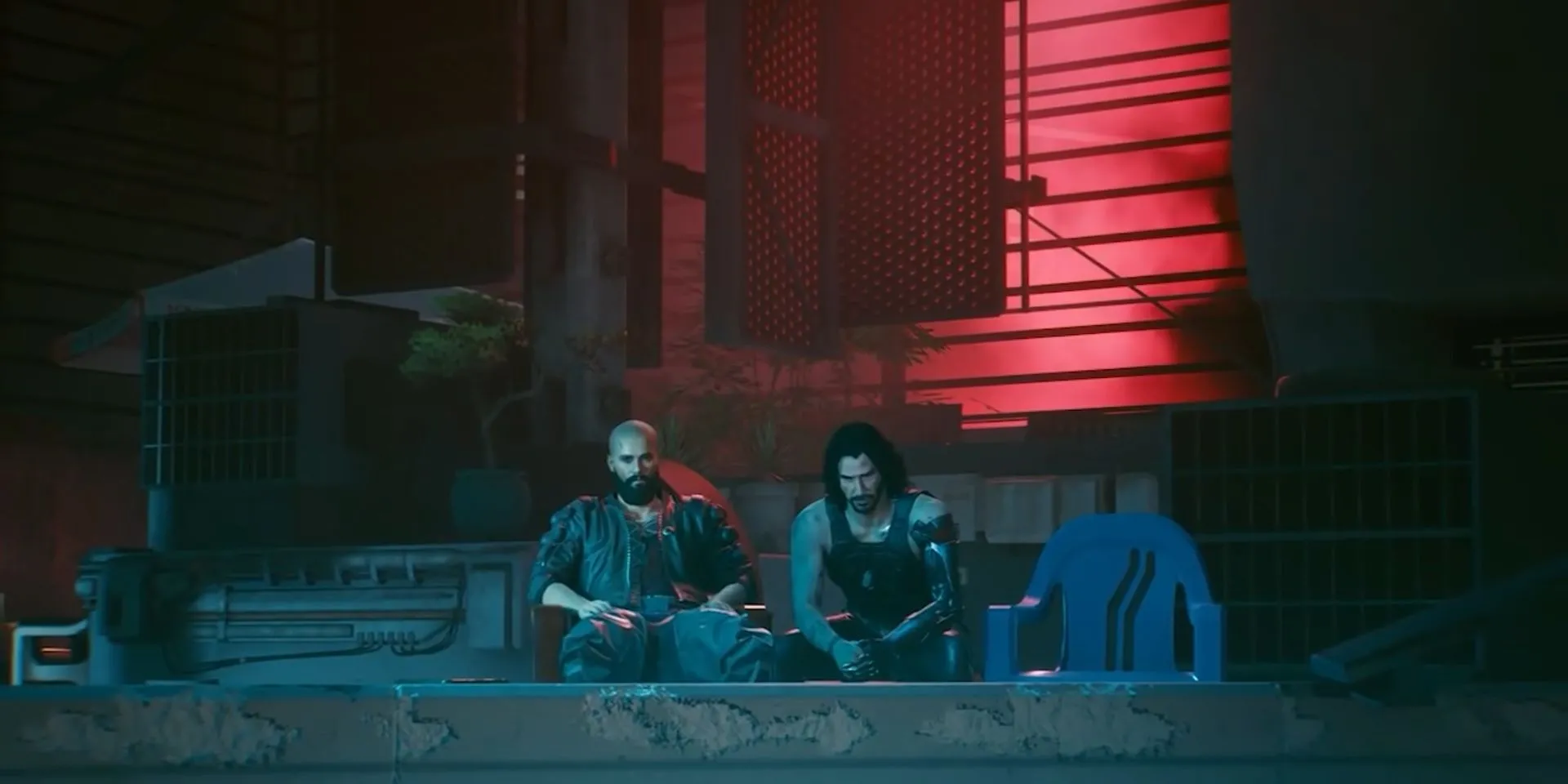 V và Johnny Silverhand trên mái nhà trong Cyberpunk 2077