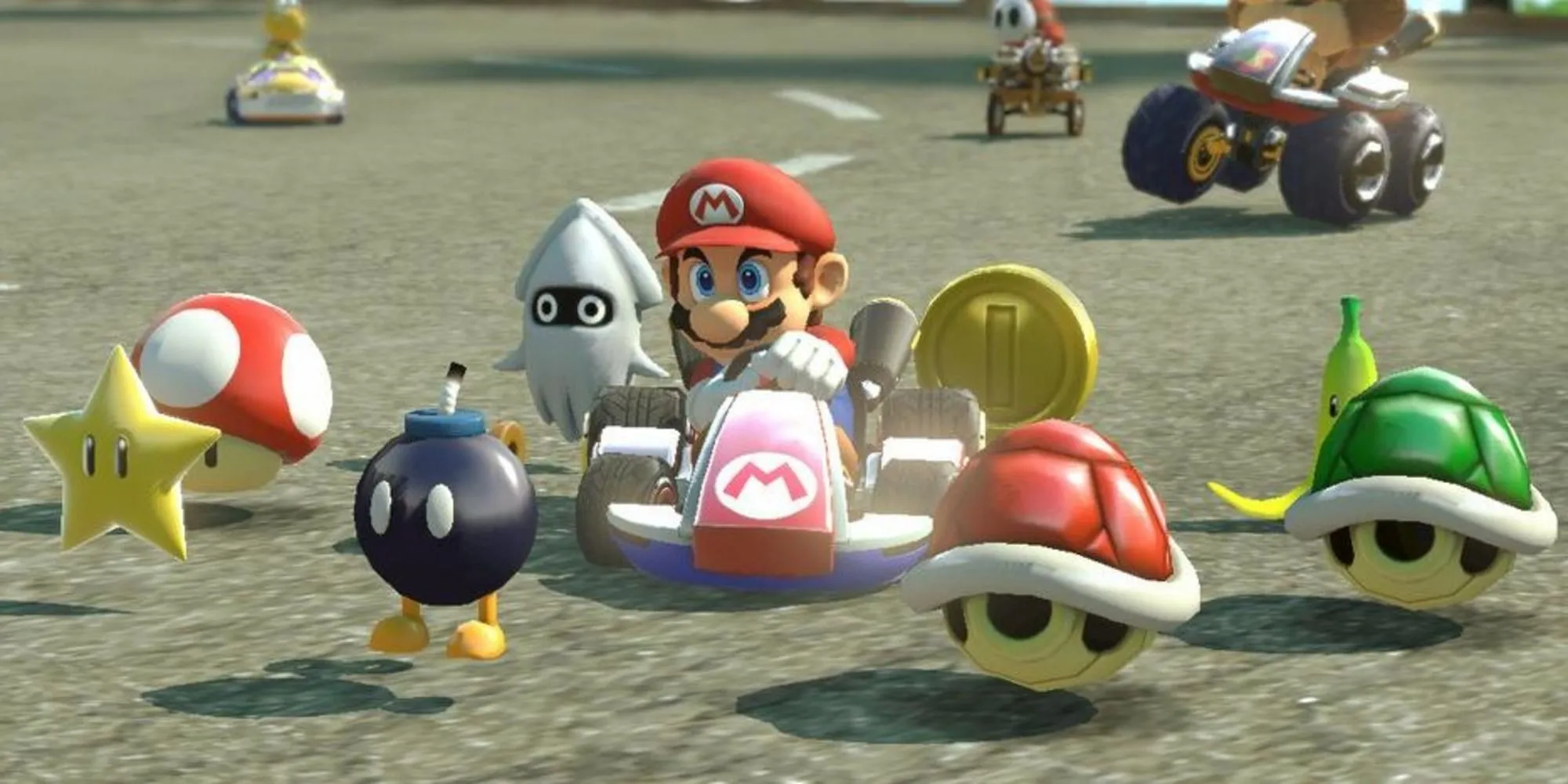 Vật phẩm Crazy 8 trong Mario Kart 8 Deluxe gồm bom, vỏ rùa, sao, chuối, nấm, xu, mực Blooper