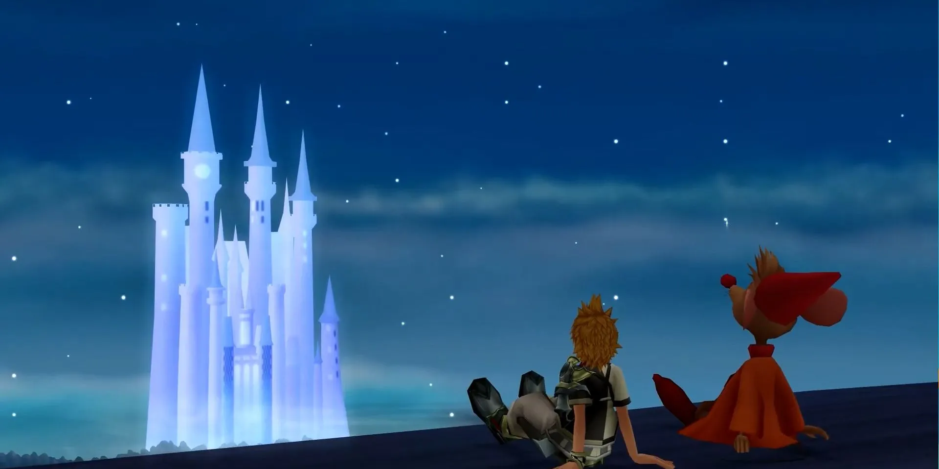 Ventus ngắm nhìn Lâu đài của những giấc mơ từ xa trong Kingdom Hearts Birth by Sleep.