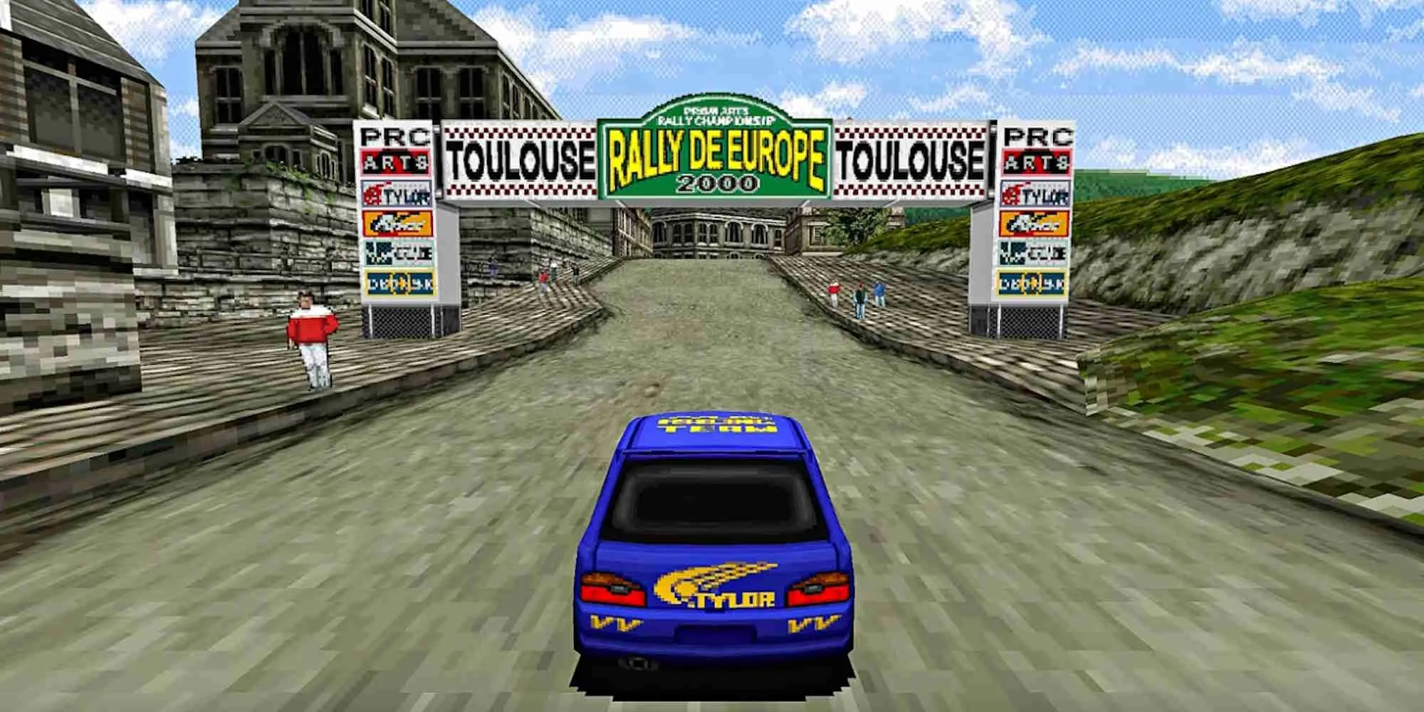 Xe đua Subaru màu xanh dương trong game Rally De Europe PS1 đang vào cua