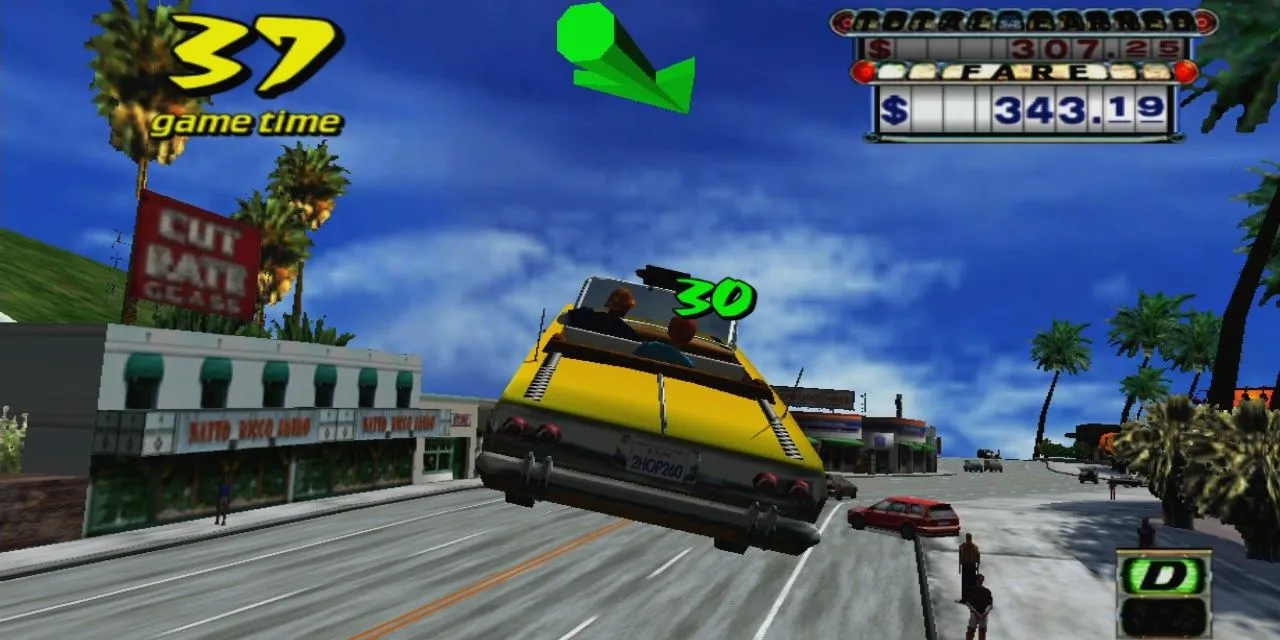 Xe taxi vàng phóng tốc độ bay qua dốc trong game Crazy Taxi tại thành phố náo nhiệt