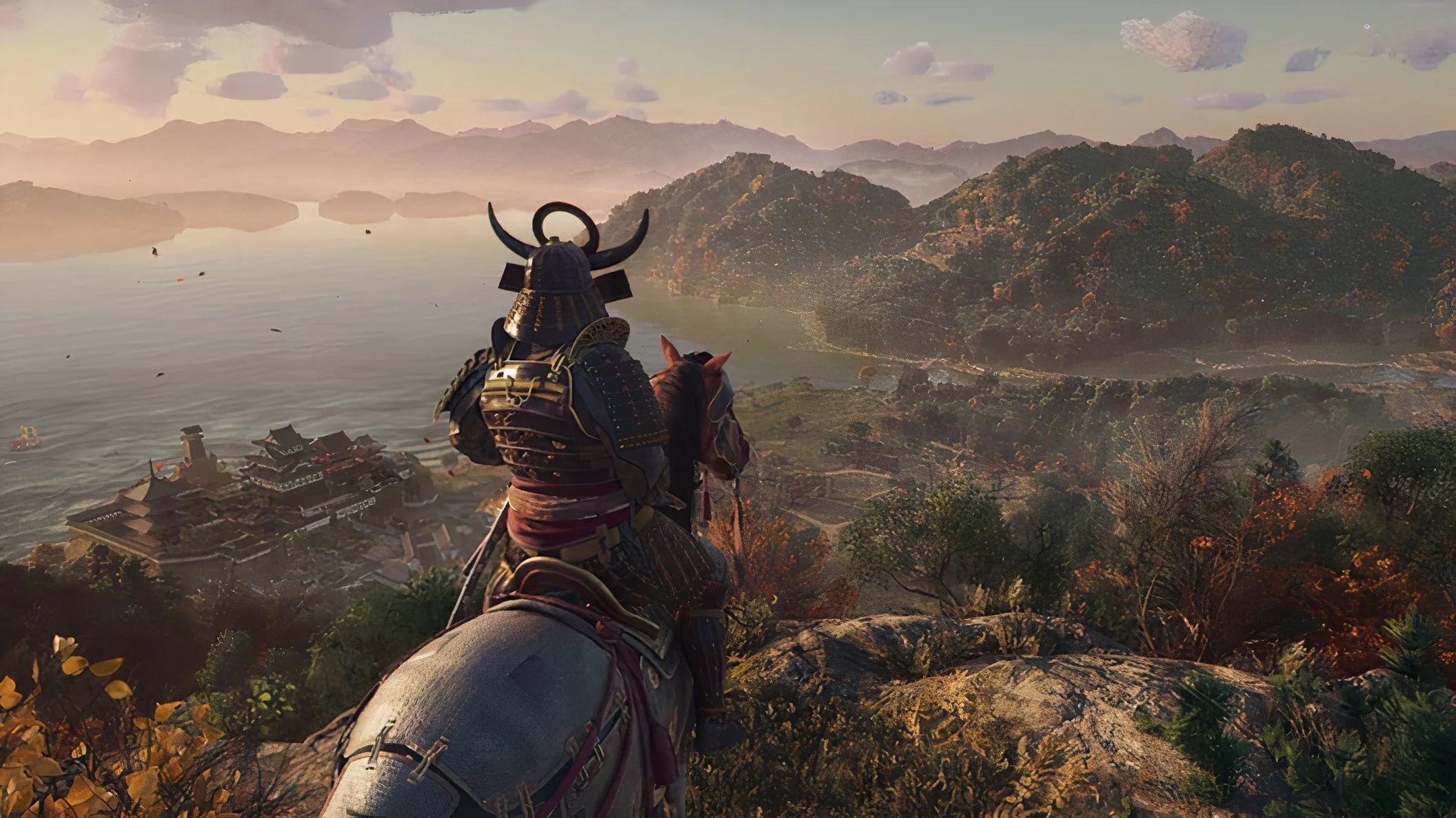Yasuke cưỡi ngựa chiêm ngưỡng thế giới rộng lớn trong Assassin's Creed Shadows với ray tracing
