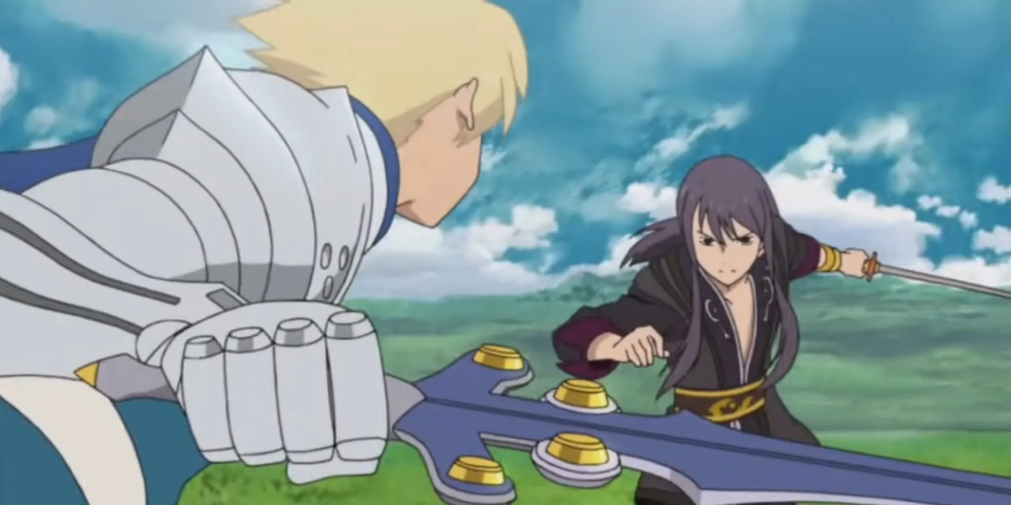 Yuri Lowell và nhóm bạn trong một anime cutscene đặc trưng của series Tales of, cụ thể là Tales of Vesperia.