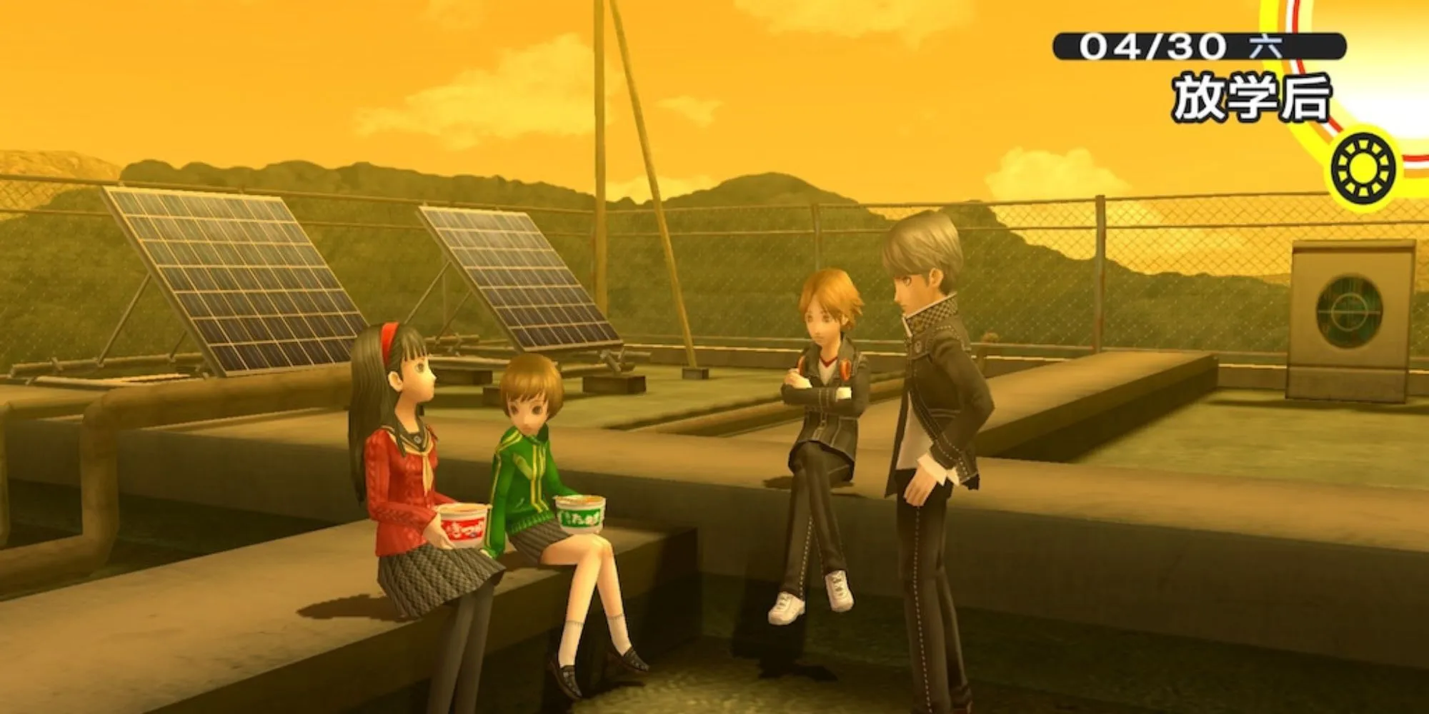 Các nhân vật trong Persona 4 đang tụ tập, thể hiện khía cạnh đời thường của game