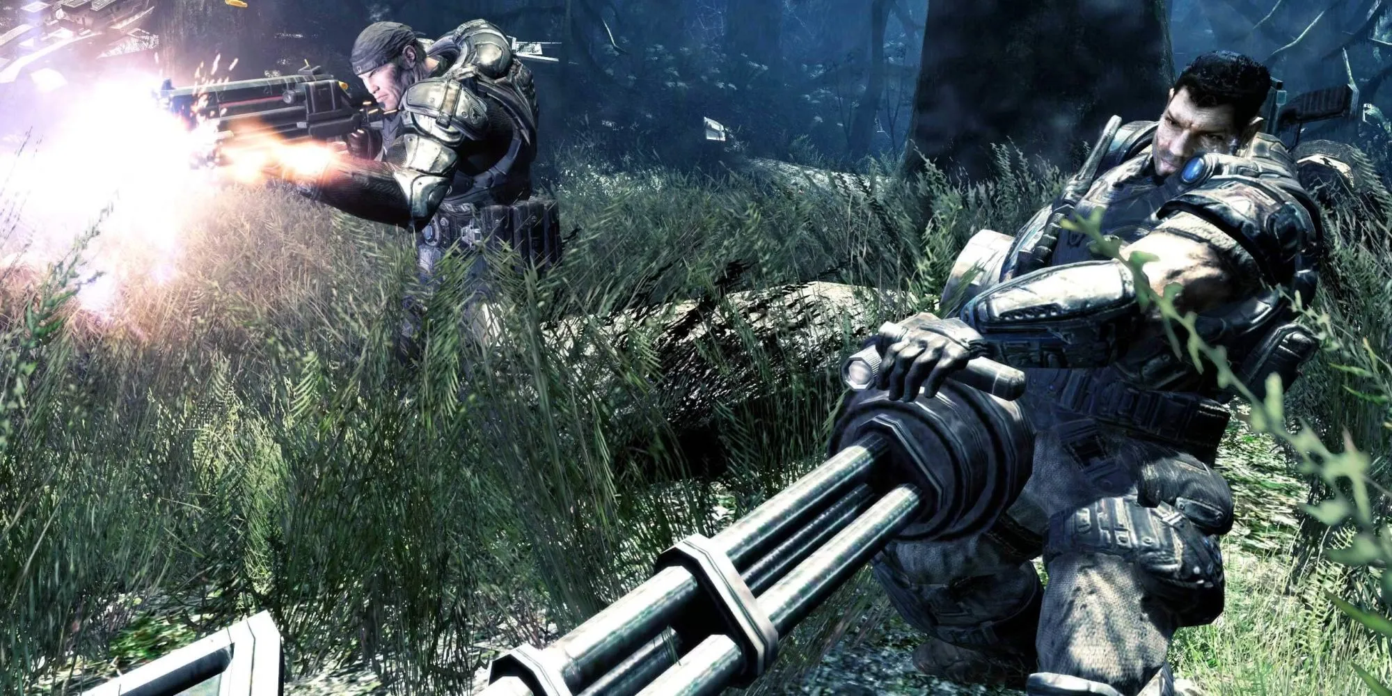 Hai nhân vật người chơi trong Lost Planet 2 đứng cạnh nhau, biểu tượng cho chế độ chơi co-op online đã bị gỡ bỏ.