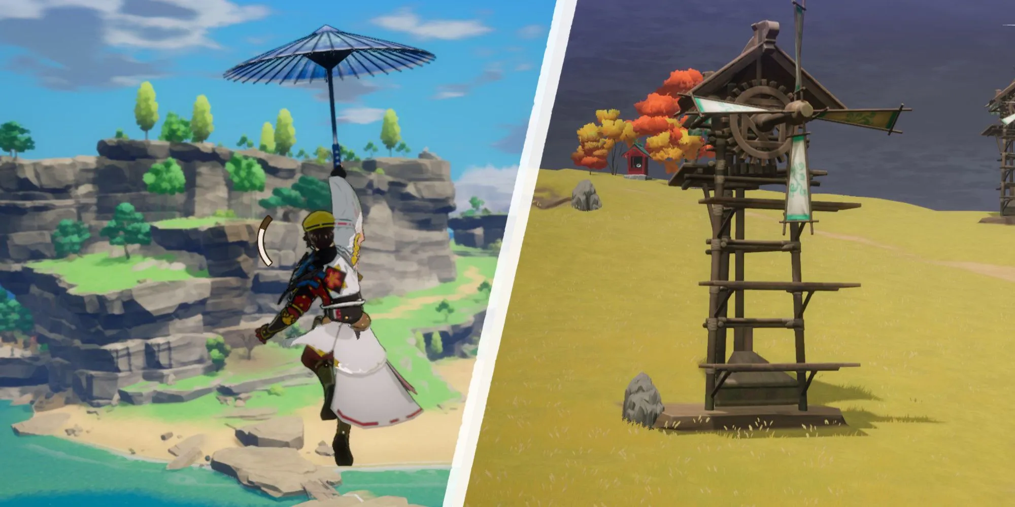 Hình ảnh lướt dù và leo lên cối xay gió khi khám phá trong Rune Factory Guardians of Azuma.