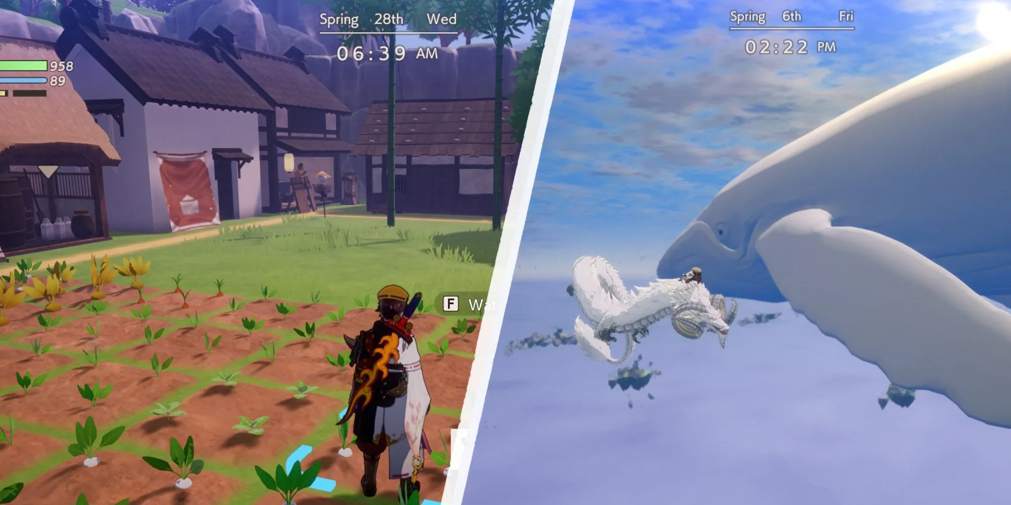 Hình ảnh xây dựng làng và bay gần cá voi trong Rune Factory Guardians of Azuma.