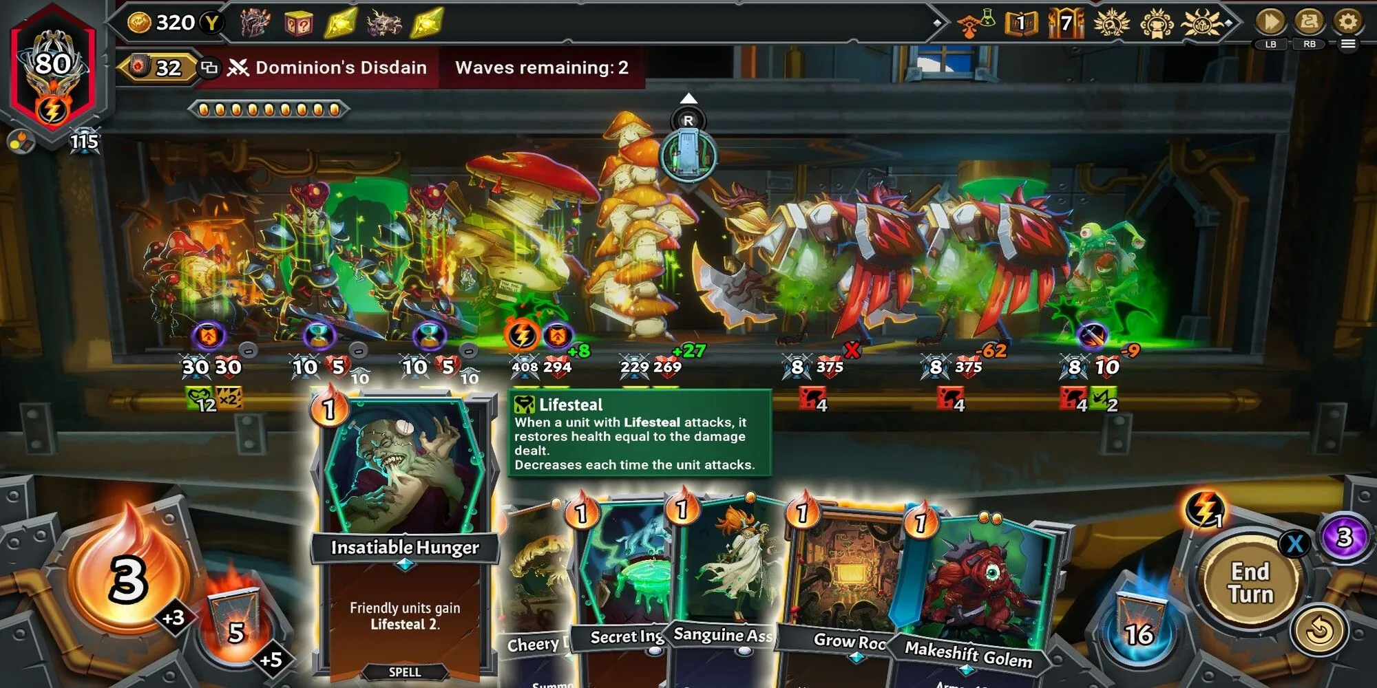 Ví dụ về xếp chồng hiệu ứng chỉ số (stat stacking) với tộc UnderLegion trong Monster Train 2