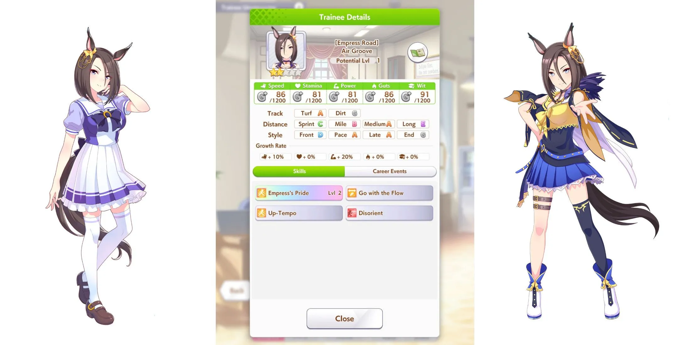Air Groove trong Umamusume Pretty Derby với bộ trang phục đua đặc trưng