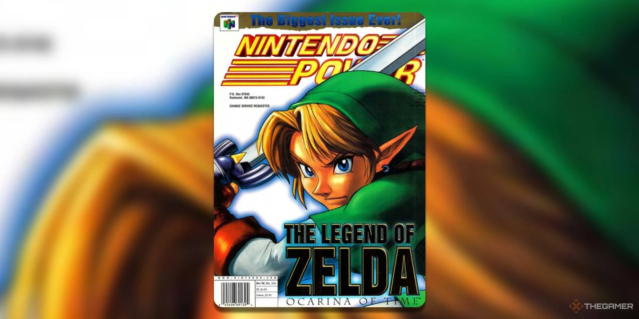 Ấn phẩm Nintendo Power số 114 (tháng 11/1998) với hình ảnh Link từ tựa game huyền thoại The Legend of Zelda: Ocarina of Time.
