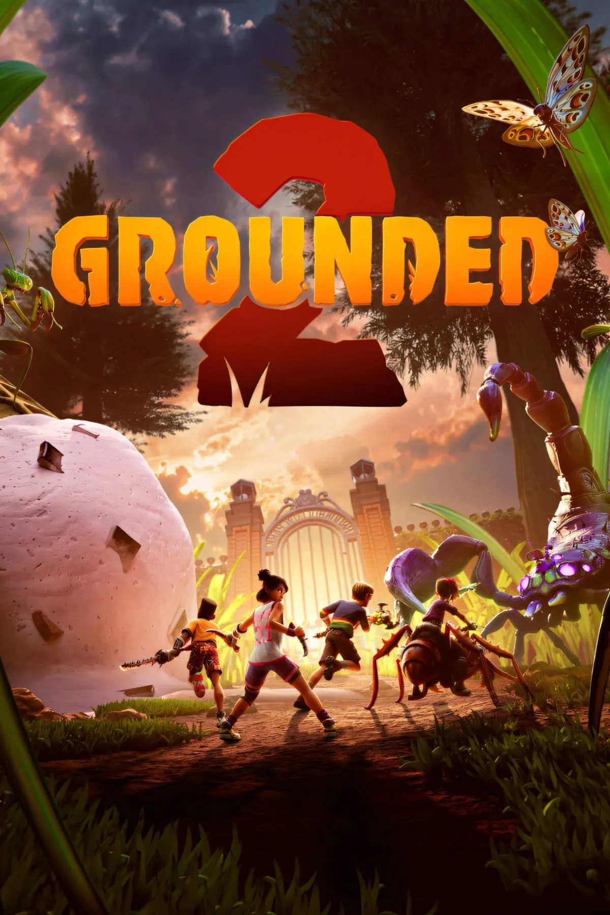 Ảnh bìa chính thức của Grounded 2, thể hiện thế giới rộng lớn và những hiểm nguy tiềm ẩn tại công viên Brookhollow