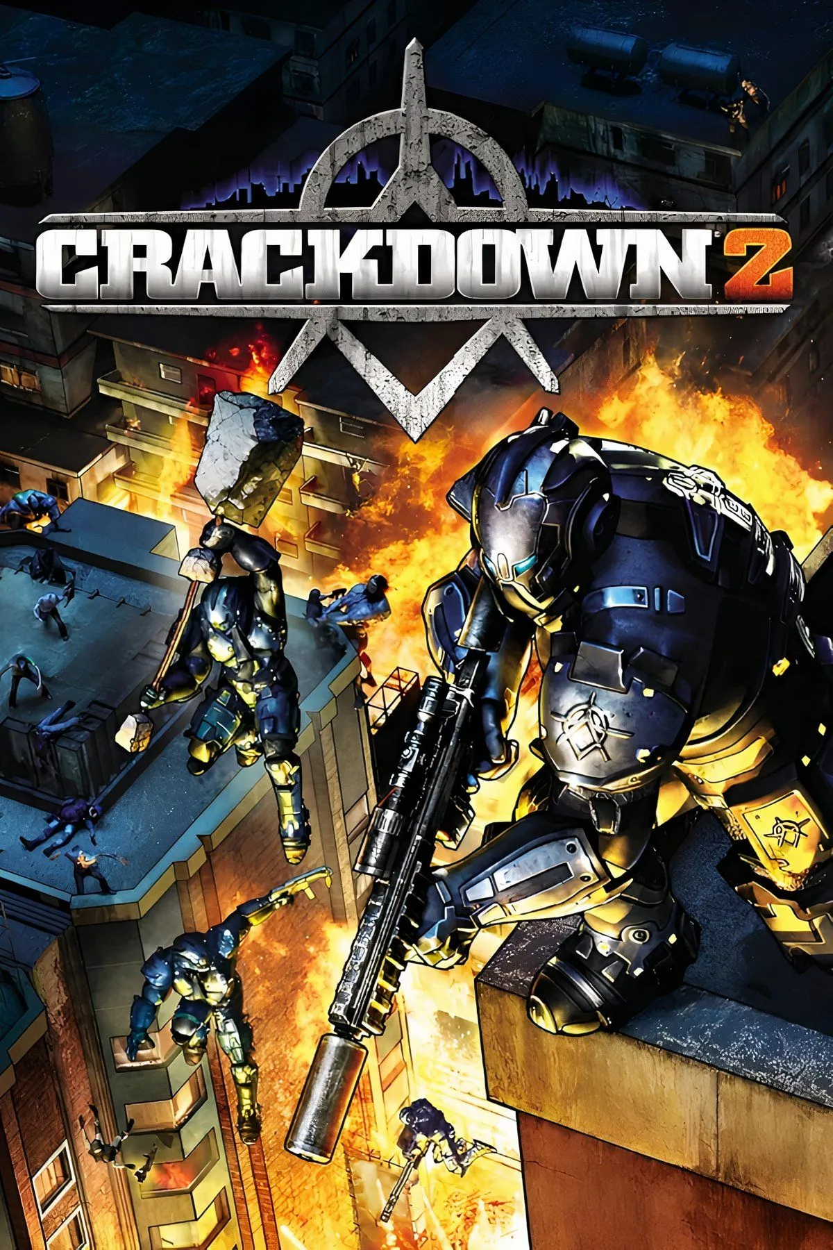 Ảnh bìa Crackdown 2 với Agent đang nhảy trên nền thành phố, biểu tượng cho sức mạnh đặc vụ và sự tự do trong thế giới sandbox.