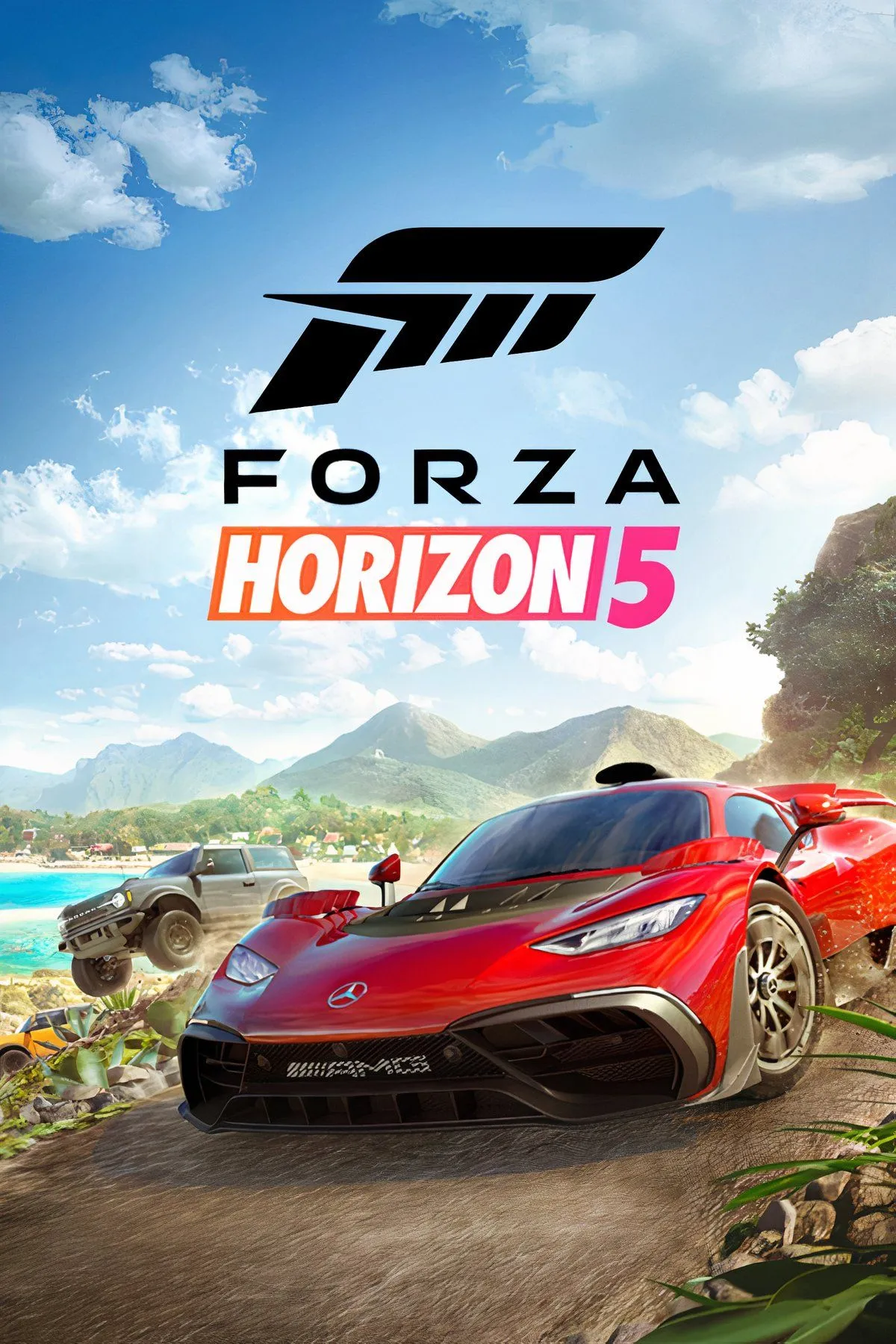Ảnh bìa Forza Horizon 5 với chiếc xe hơi sang trọng và khung cảnh lễ hội sôi động, thể hiện trải nghiệm đua xe tự do.
