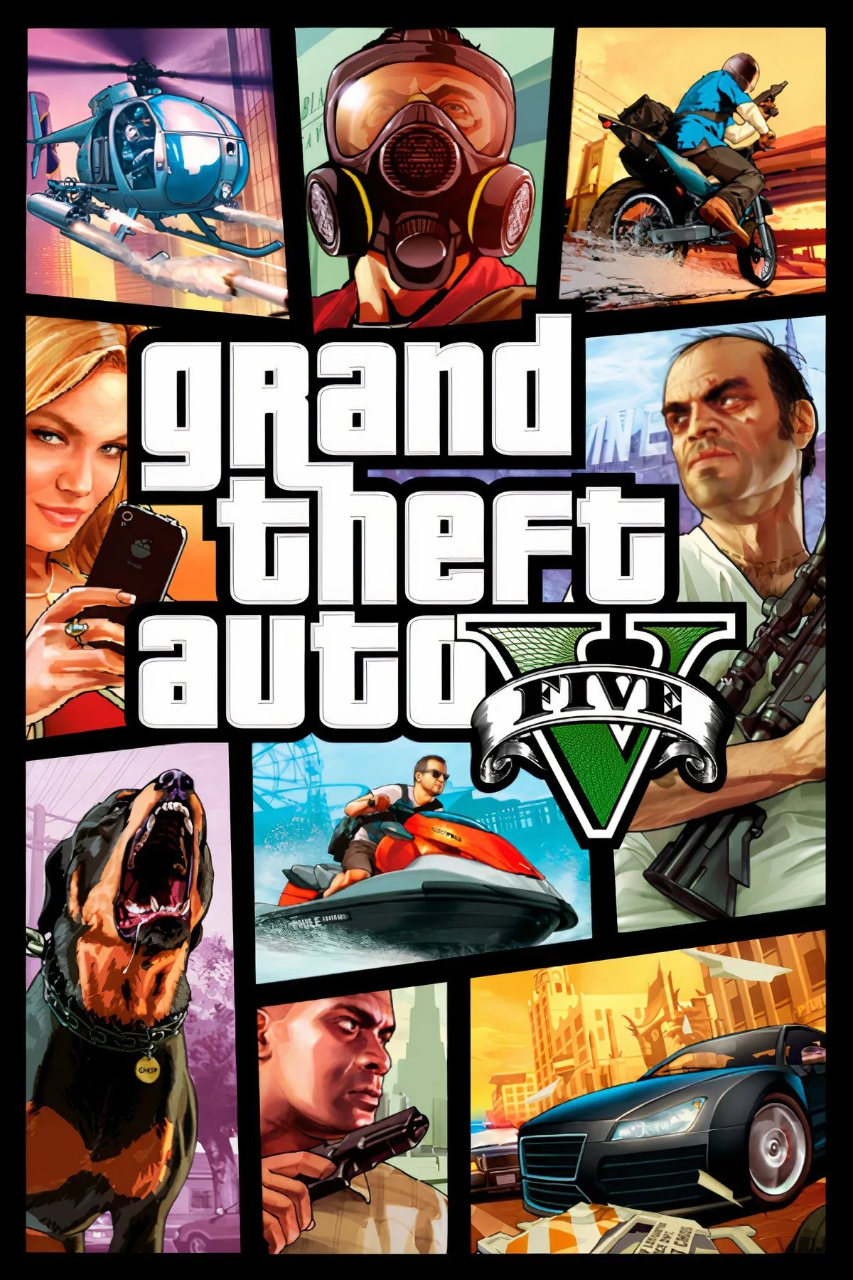 Ảnh bìa Grand Theft Auto V với bộ ba nhân vật chính, biểu tượng của sự hỗn loạn và tự do trong thế giới mở đô thị.