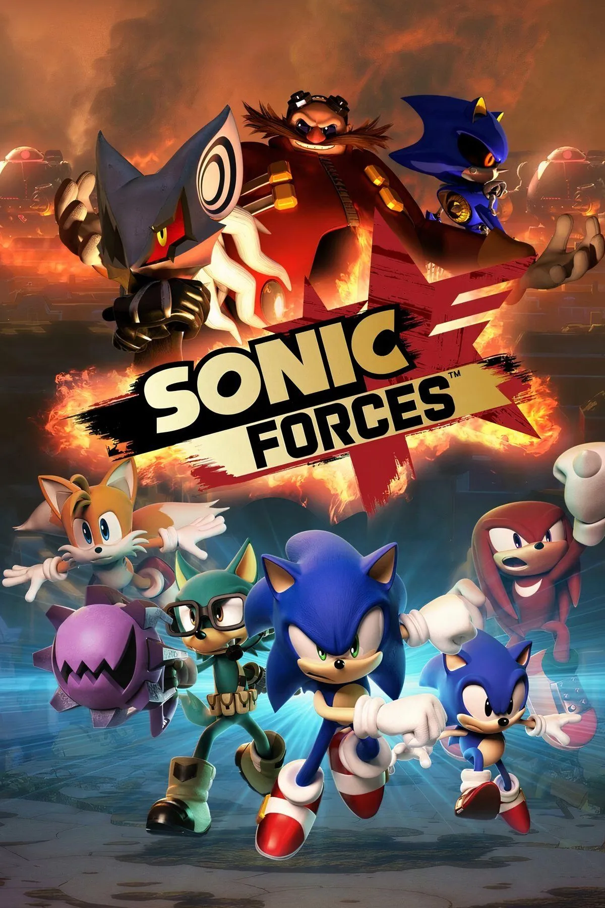 Ảnh bìa Sonic Forces, thể hiện nhân vật chính và phong cách đồ họa của game