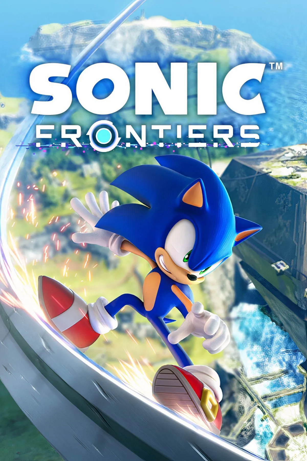 Ảnh bìa Sonic Frontiers, thể hiện Sonic trong thế giới mở của game