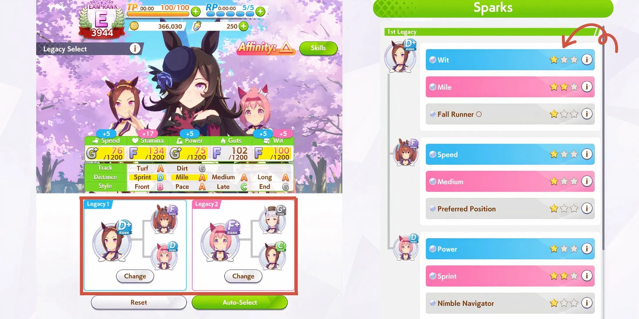 Bảng tỷ lệ Sparks và một ví dụ về Umamusume trong game