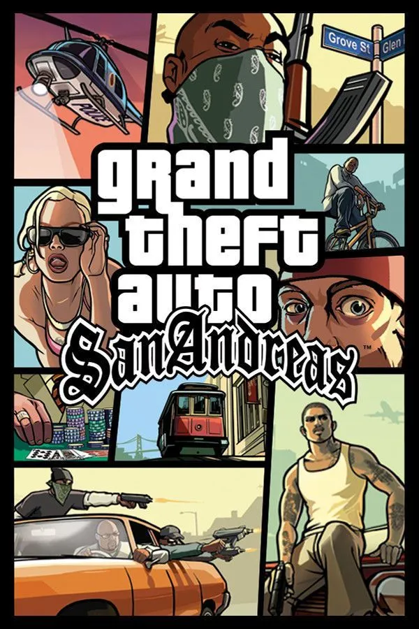 Bìa game Grand Theft Auto: San Andreas, biểu tượng của sự tự do trong thế giới mở, cho phép nhân vật chính CJ hẹn hò nhiều cô gái tại các thành phố khác nhau.