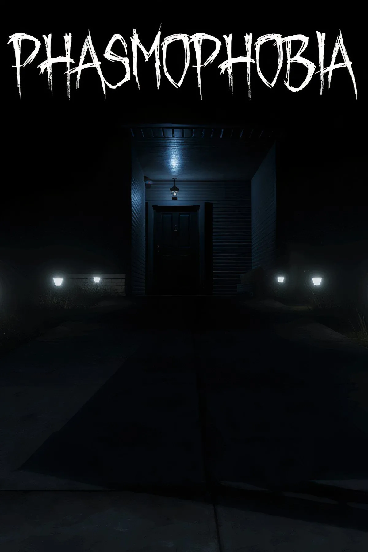 Bìa game Phasmophobia với hình ảnh thợ săn ma đang khám phá một ngôi nhà ma ám, tượng trưng cho trải nghiệm kinh dị hợp tác đầy rợn tóc gáy.