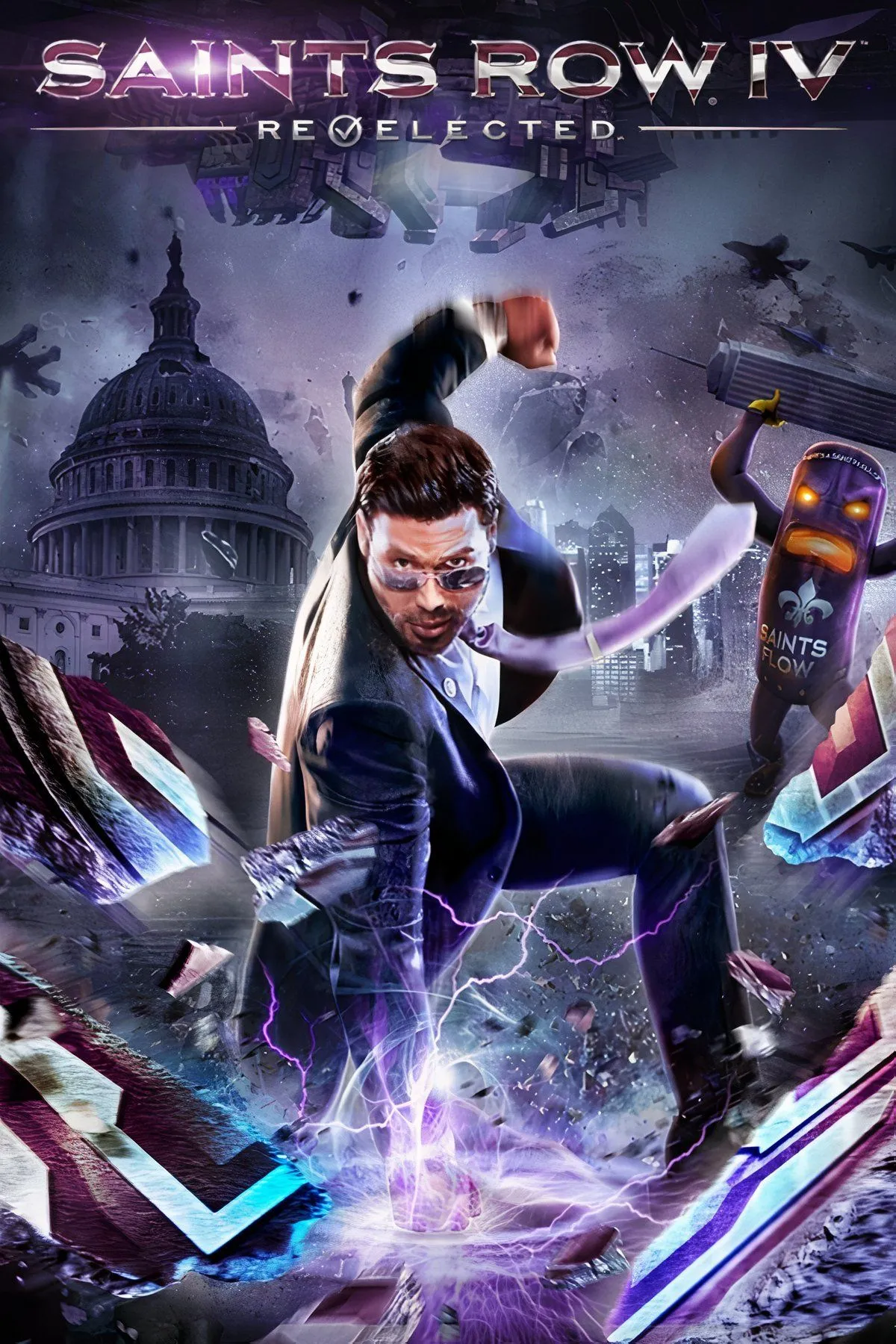 Bìa game Saints Row 4, thể hiện phong cách hành động siêu thực và sự hỗn loạn trong môi trường Steelport giả lập, nơi người chơi sở hữu siêu năng lực.