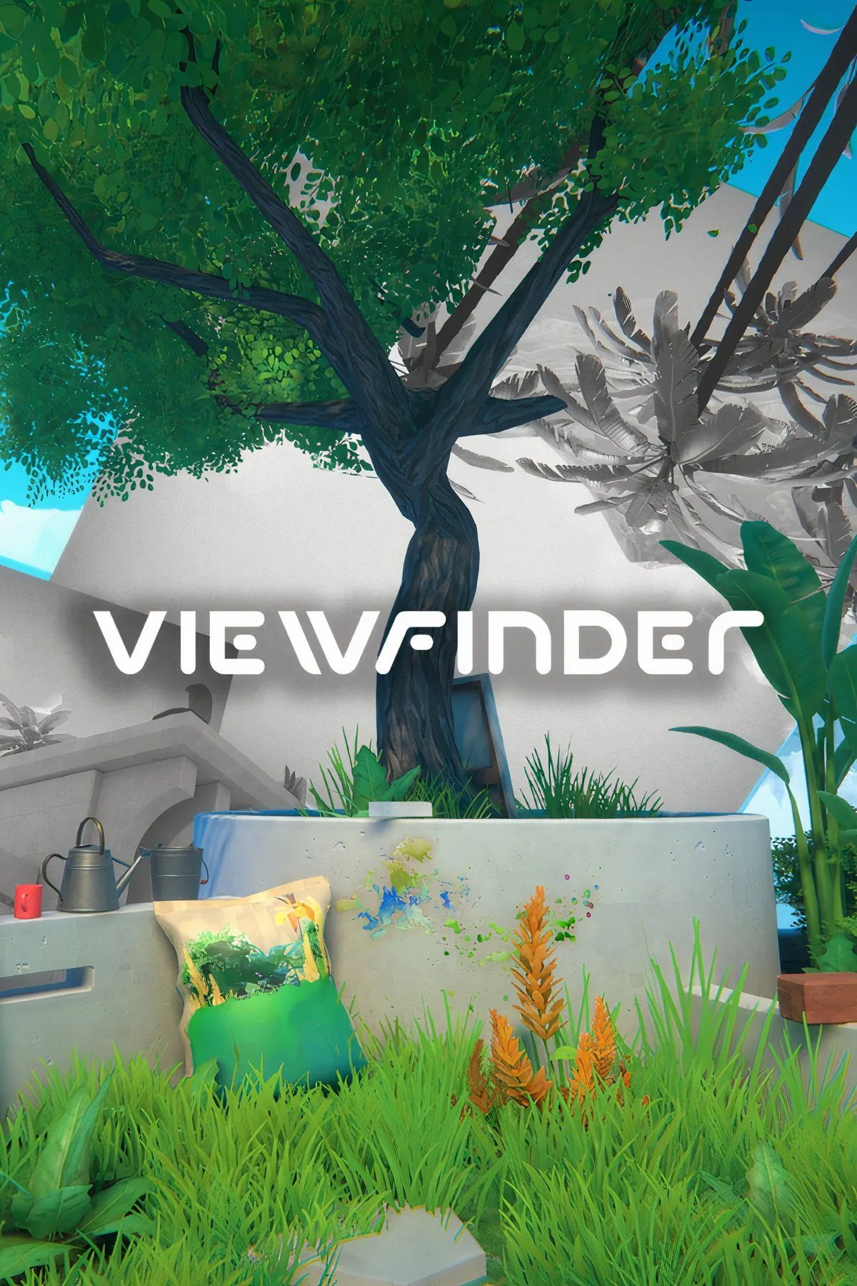 Bìa game Viewfinder, minh họa cơ chế gameplay độc đáo nơi người chơi sử dụng ảnh để thay đổi cấu trúc thế giới giả lập và giải đố.