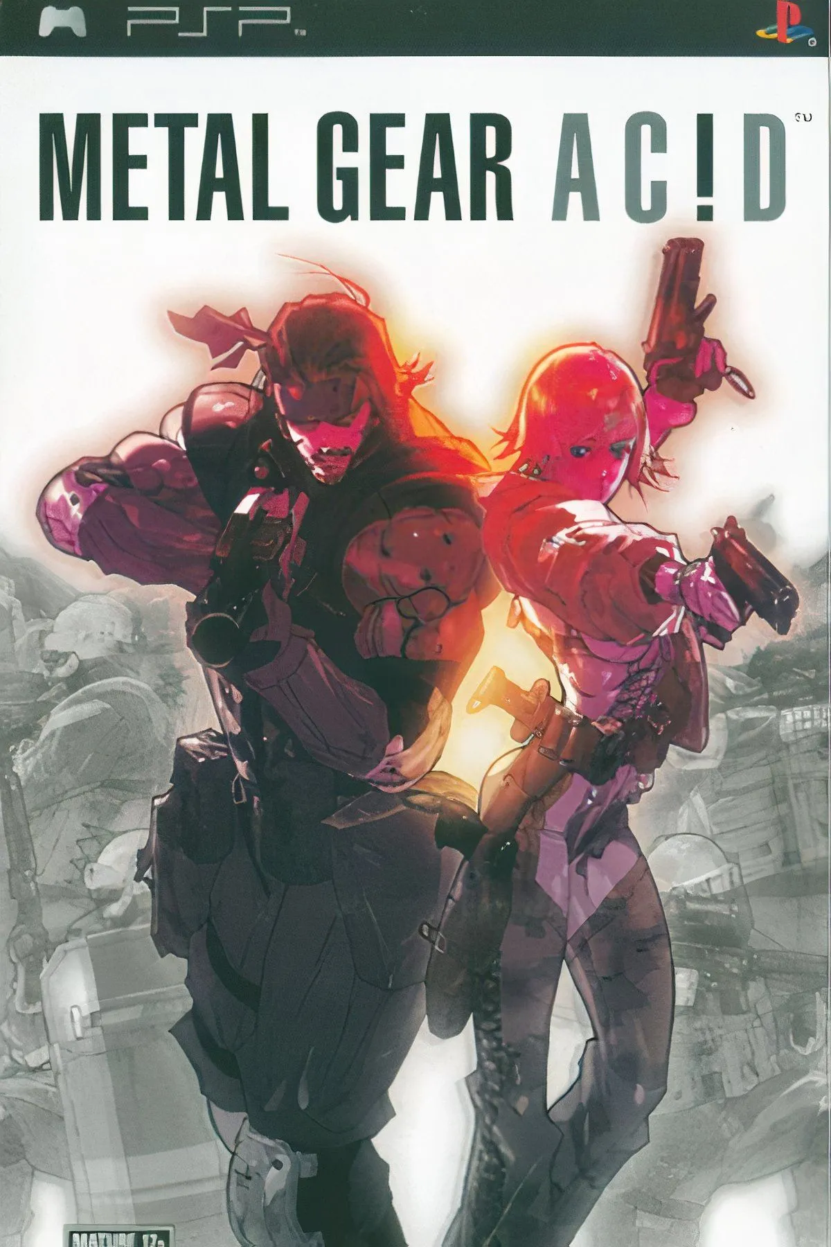 Bìa hình ảnh của Metal Gear Acid, nổi bật nhân vật Solid Snake trong phong cách đồ họa độc đáo của game thẻ bài chiến thuật