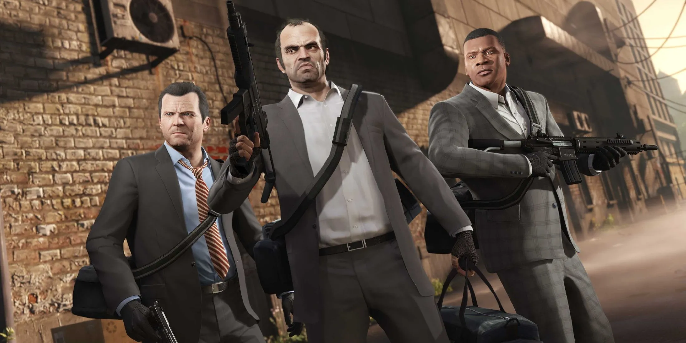 Bộ ba nhân vật chính Michael, Trevor và Franklin của GTA 5 trong một khoảnh khắc tương tác, thể hiện sự đa dạng tính cách và tình huống.