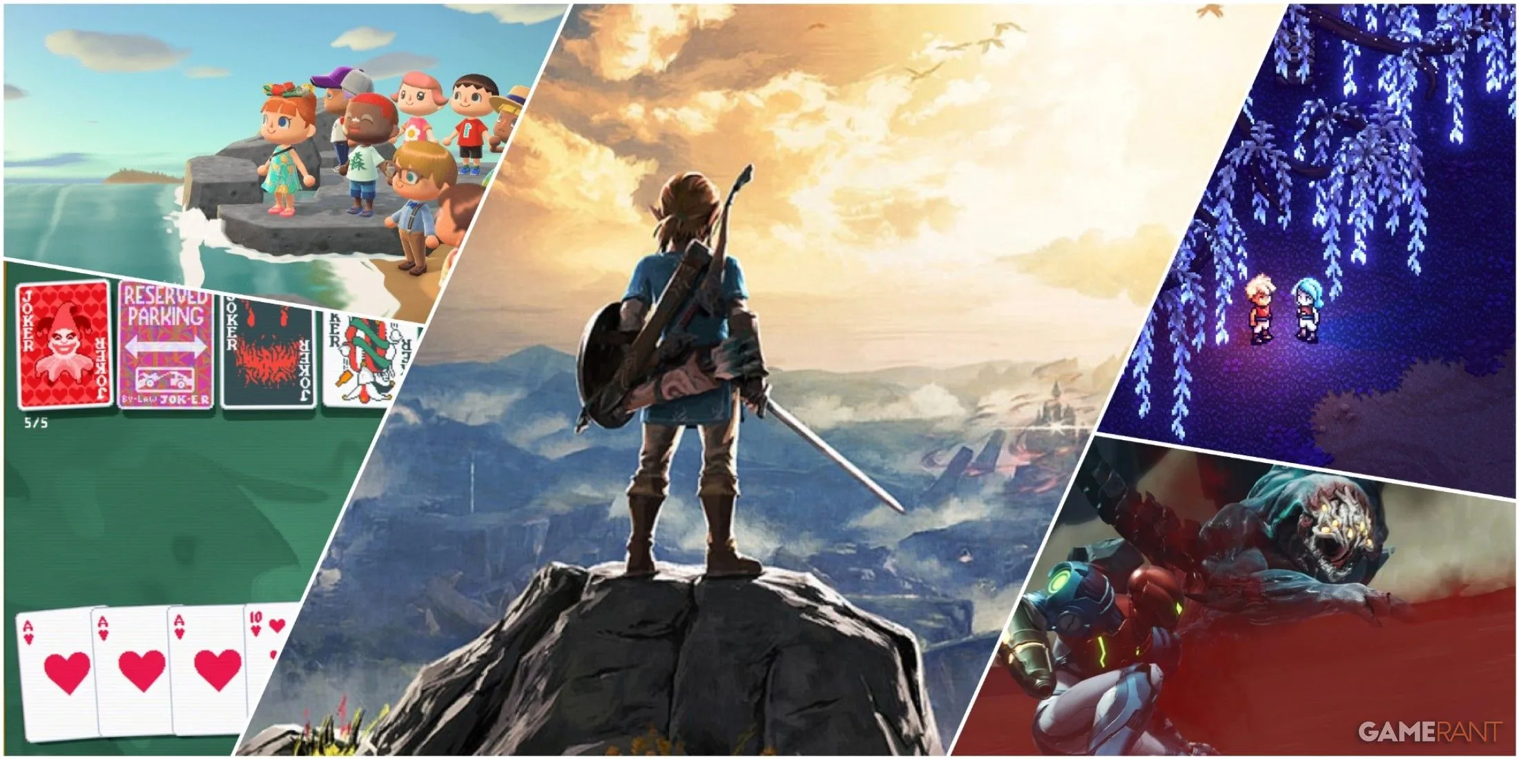 Bộ sưu tập hình ảnh nghệ thuật và khoảnh khắc ấn tượng từ các tựa game Nintendo nổi bật như Animal Crossing New Horizons, The Legend of Zelda Breath of the Wild và Metroid Dread, minh họa sức hút của game Nintendo.